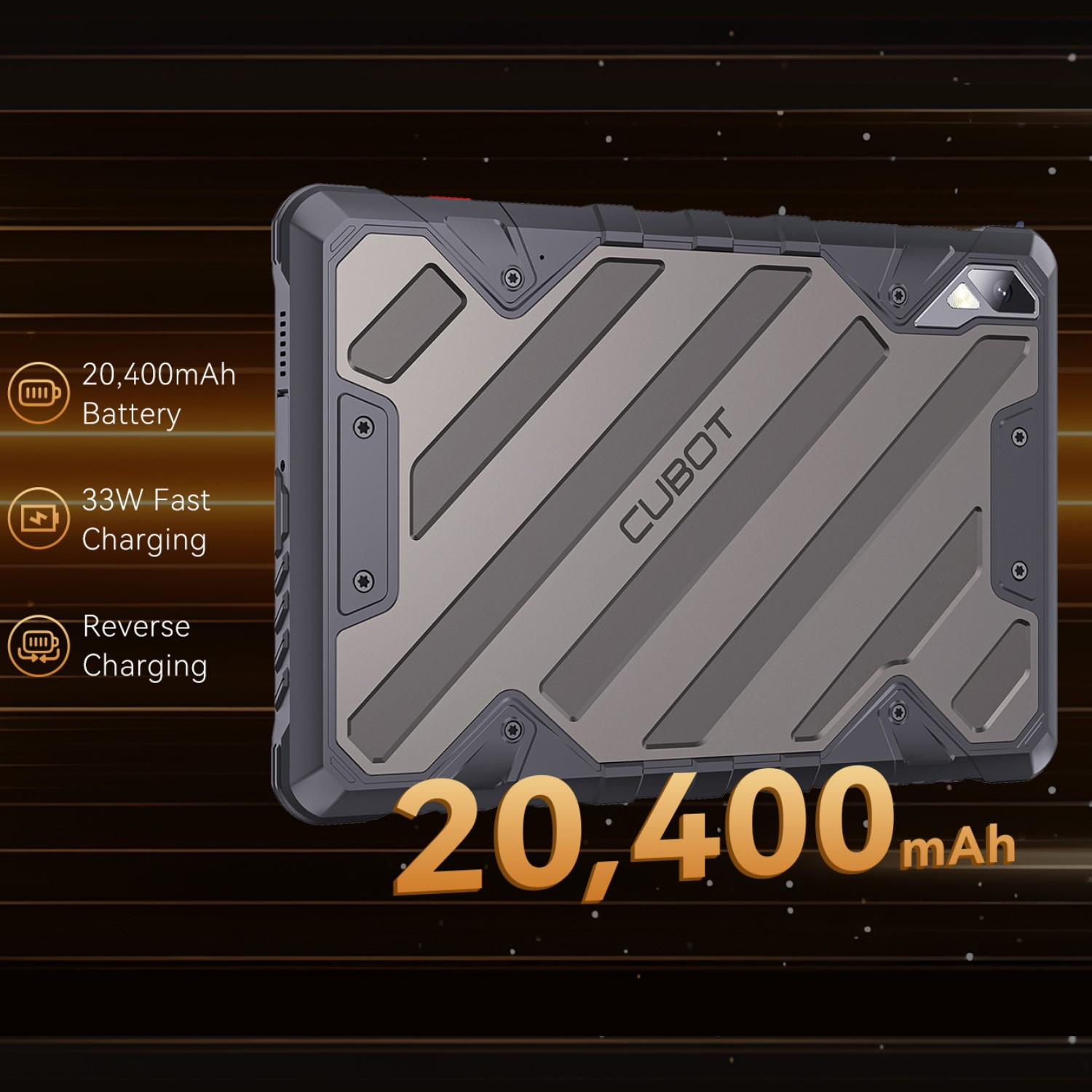 Tył wytrzymałego tabletu z logo CUBOT, baterią 20 400 mAh, szybkim ładowaniem 33W i funkcjami ładowania zwrotnego, ciemne tło.
