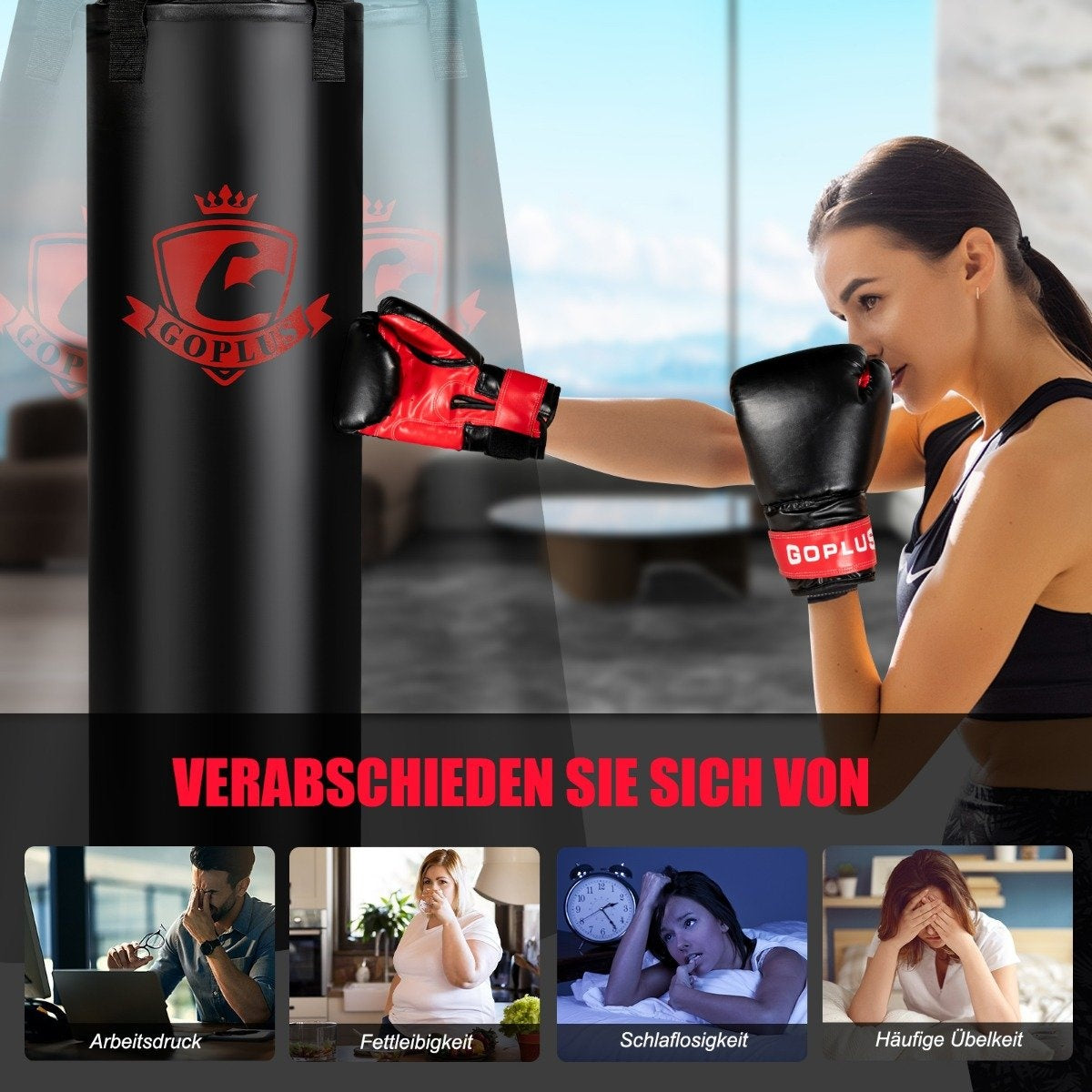 Mujer boxea con guantes negros y rojos. Un saco de boxeo está detrás de ella. La imagen también muestra cuatro imágenes pequeñas de personas.