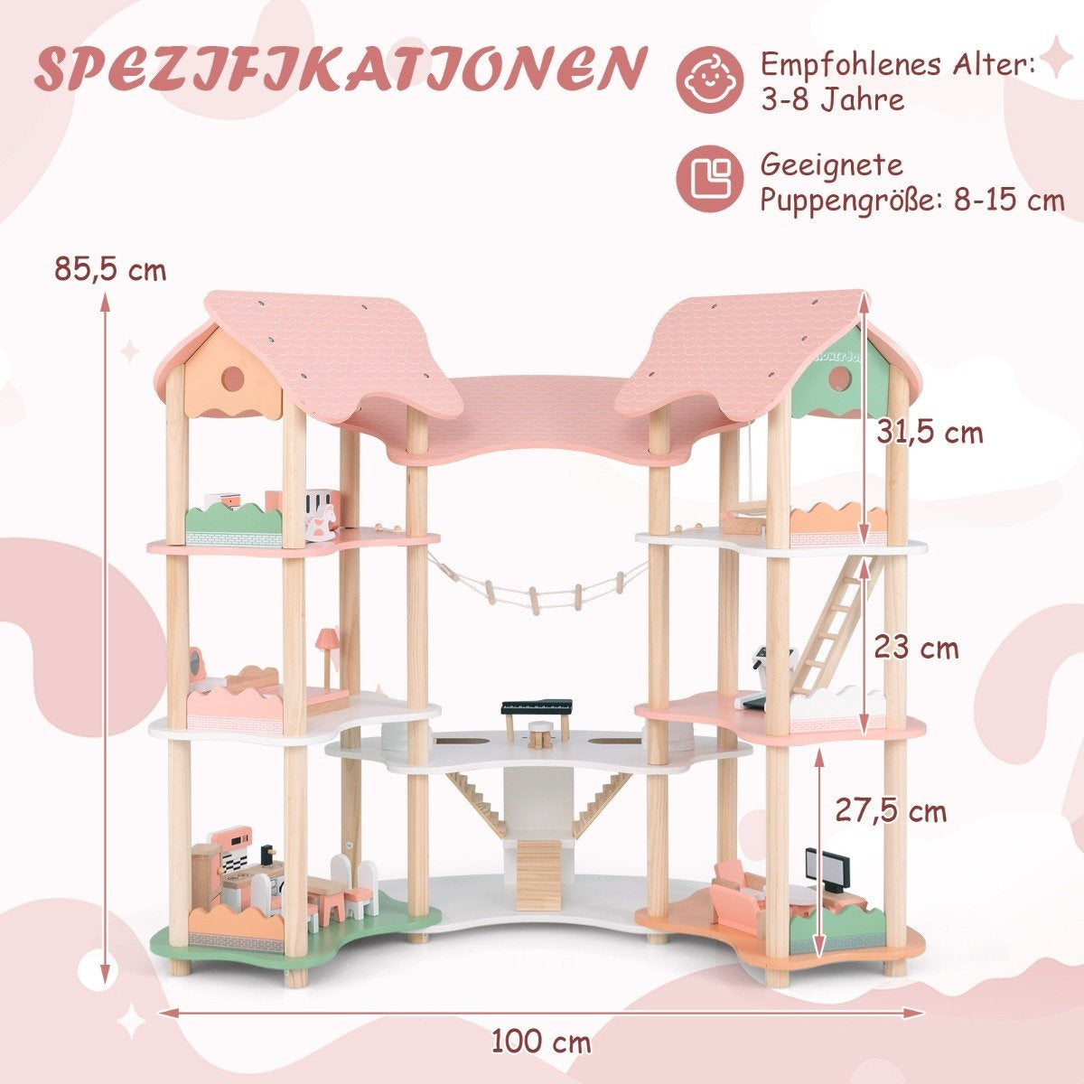 Una casa de muñecas de madera de varios pisos con techo rosa, varias habitaciones y accesorios, dimensiones: 85,5 cm, 100 cm, 31,5 cm, 23 cm, 27,5 cm.