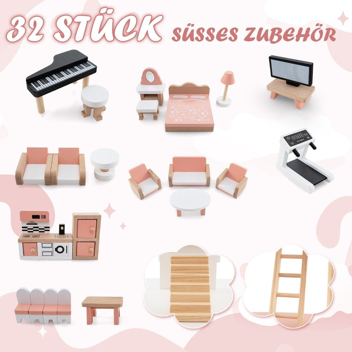 Juego de muebles de madera en miniatura, incluyendo un piano, cama, sillas, mesa, juego de cocina y escaleras, sobre fondo rosa.