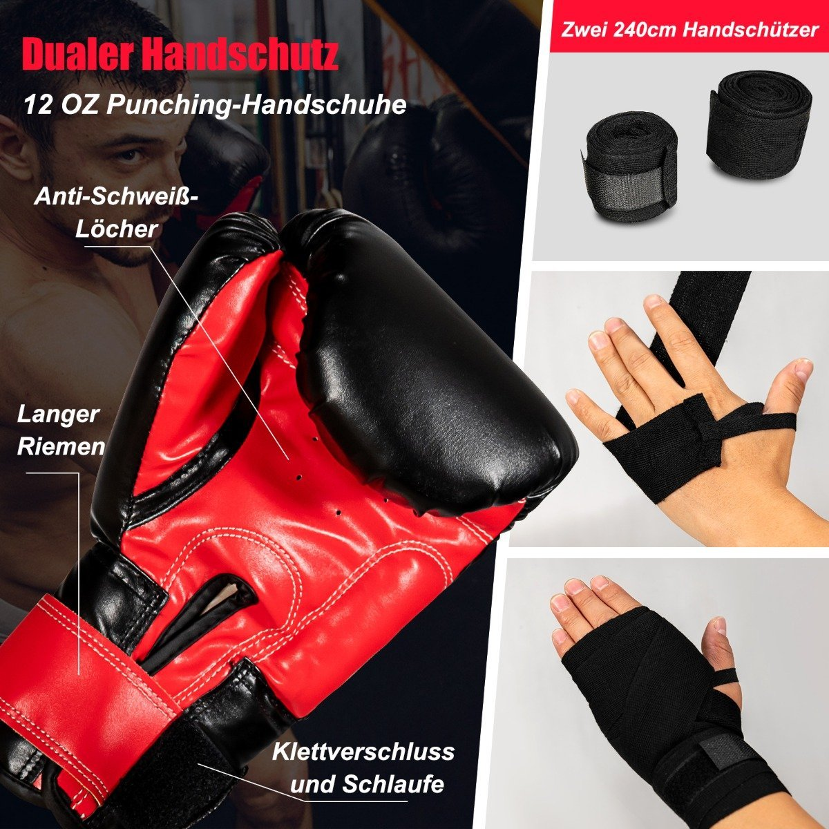 La imagen muestra guantes de boxeo y vendas para las manos. Guantes rojos y negros etiquetados. El texto incluye 'Dualer Handschutz' y '12 OZ Punching'.
