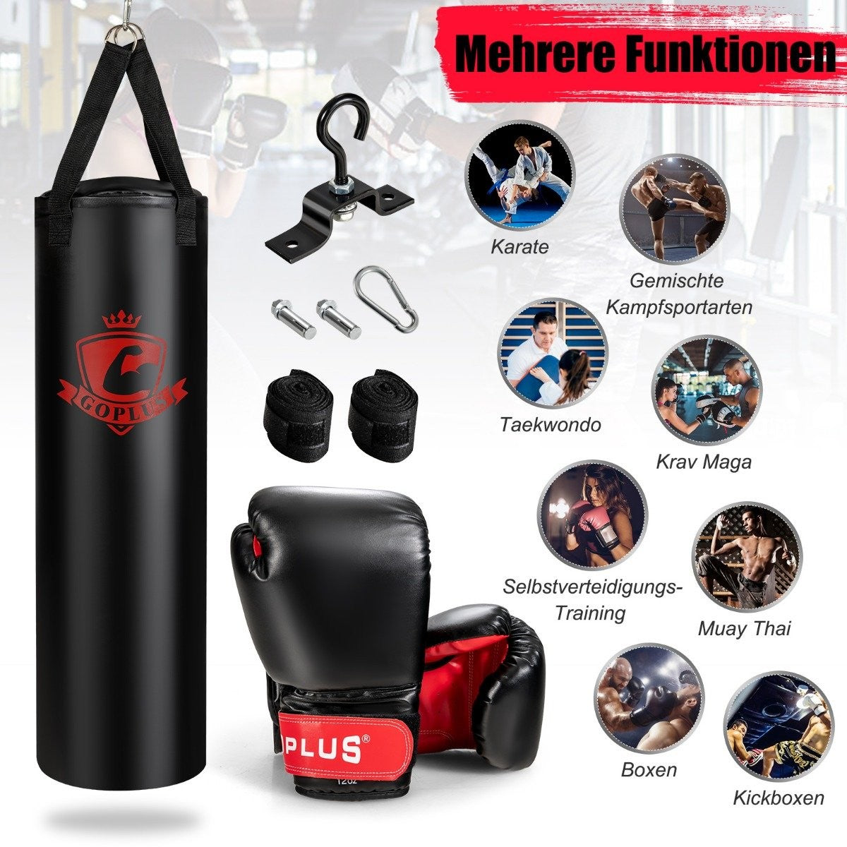 Un juego de boxeo con saco, guantes, vendas y herrajes de montaje. Varios artes marciales se muestran en el fondo.