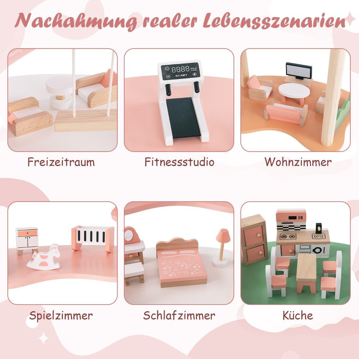 Una casa de juguete rosa con habitaciones en miniatura: sala de estar, gimnasio, dormitorio, cocina y sala de juegos. Cada habitación tiene muebles pequeños de madera.
