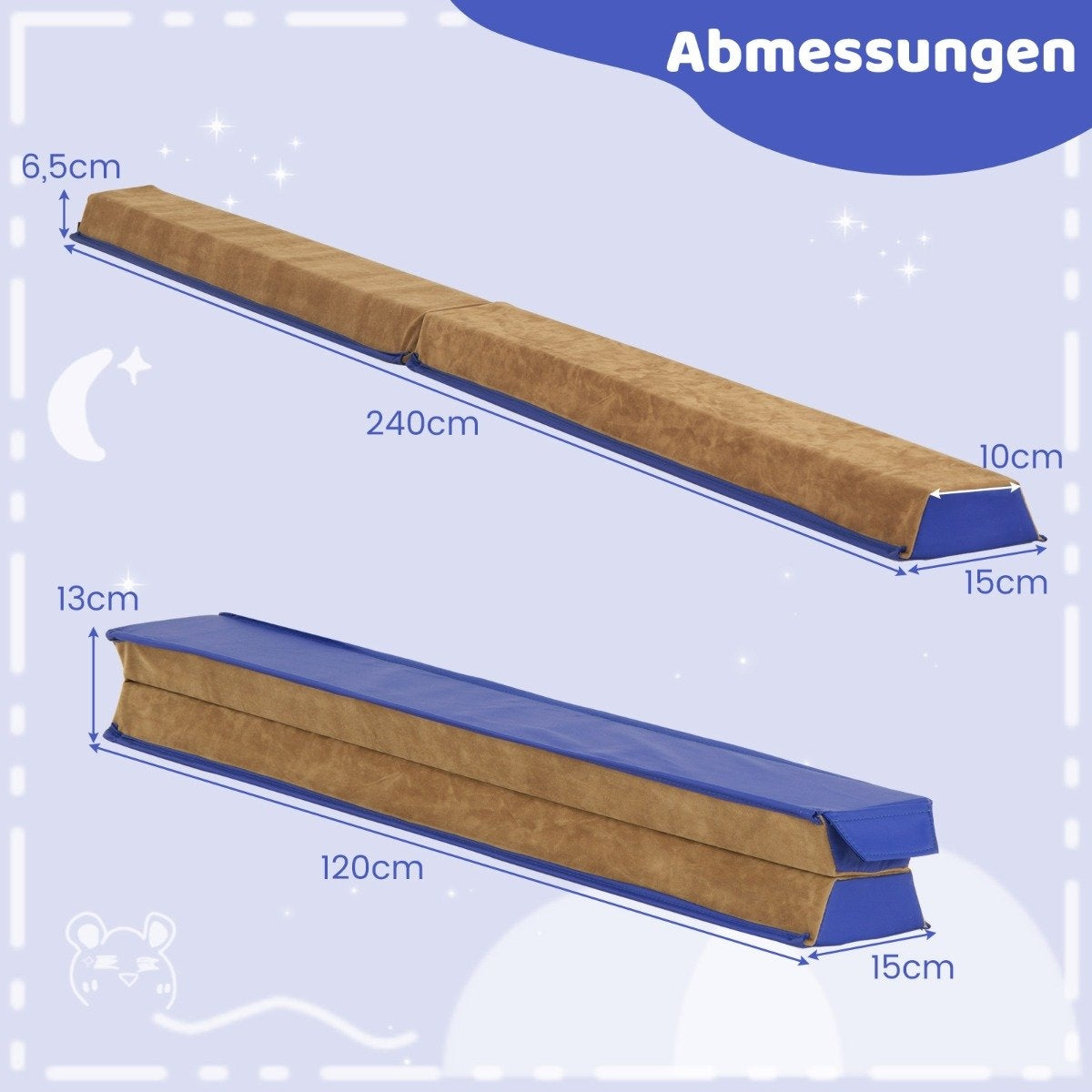 Dos barras de equilibrio de gimnasia. Una está extendida, parte superior marrón, lados azules. La otra está plegada, parte superior marrón, lados azules. Se muestran las dimensiones.