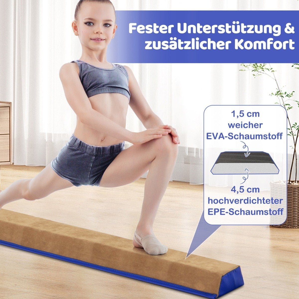 Una niña se estira en una barra de equilibrio. El texto dice: Fester Unterstützung & zusätzlicher Komfort. El diagrama muestra capas de espuma.