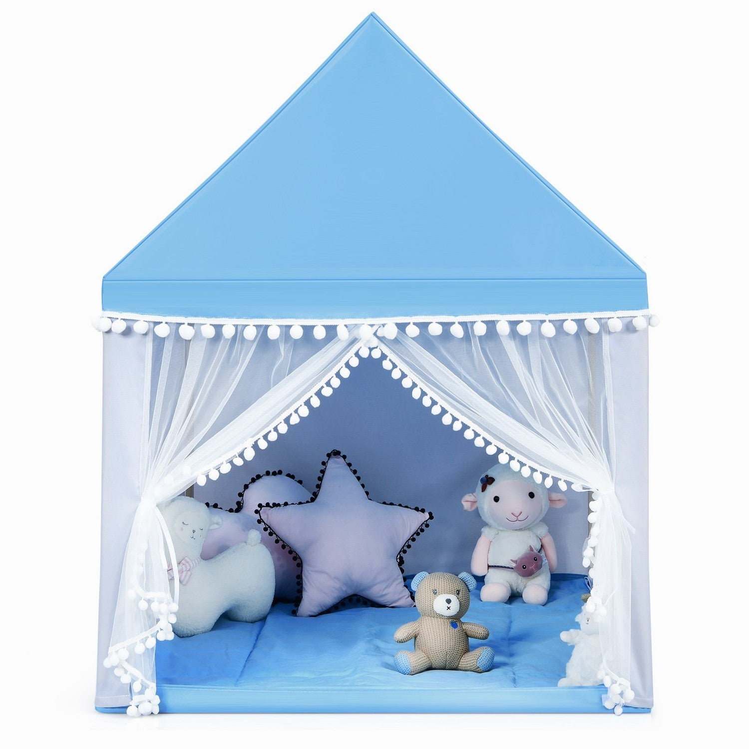 Una casita azul con animales de peluche dentro. Incluye una oveja, una almohada en forma de estrella, un oso y una esterilla azul.