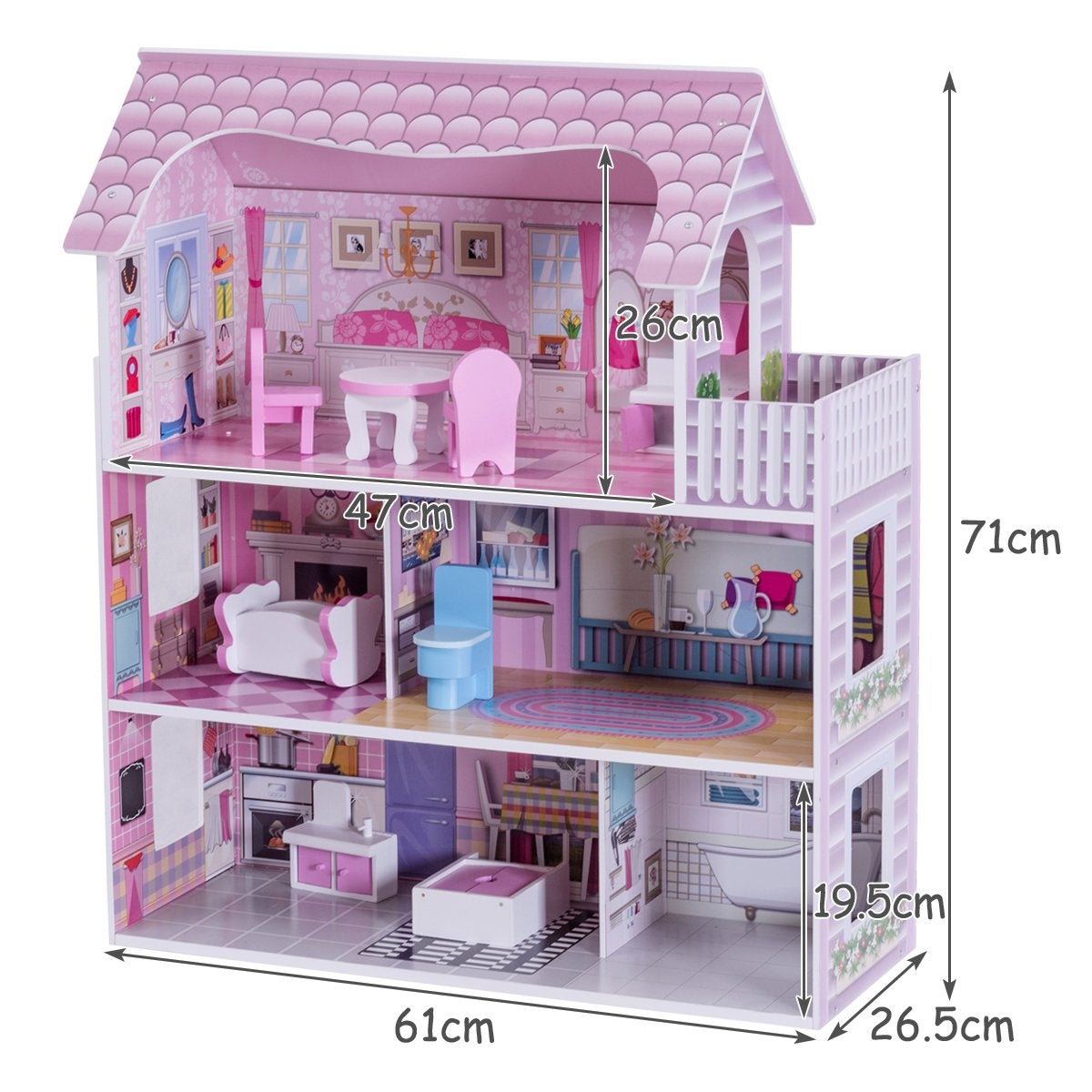 Una casa de muñecas rosa con tres pisos. Tiene muebles y dimensiones etiquetadas. Es un hogar en miniatura con ventanas y techo.