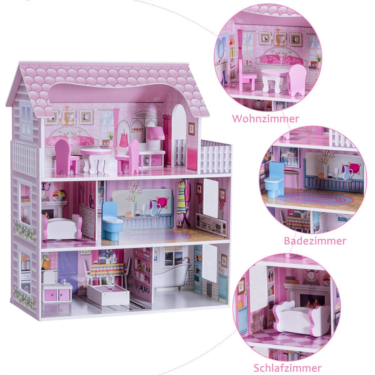 Una casa de muñecas de madera rosa con tres pisos. Tiene muebles en cada habitación, incluyendo una sala de estar, un baño y un dormitorio.