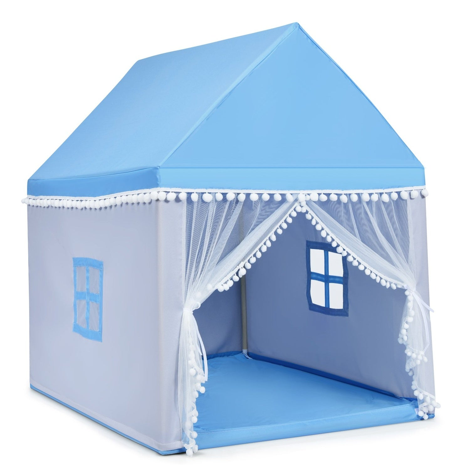 Una tienda de juegos azul y blanca con techo y suelo azul claro. Pompones blancos decoran los bordes y la puerta.