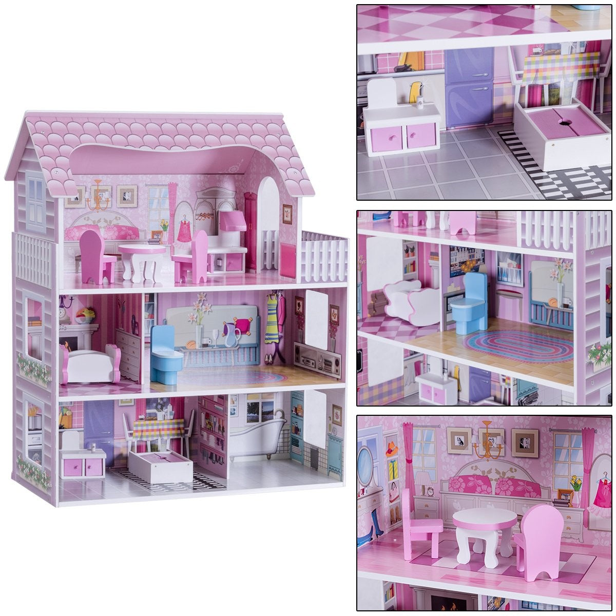 Una casa de muñecas de varios pisos con decoración rosa y blanca. Tiene muebles en cada habitación, una cocina, un dormitorio y un baño.