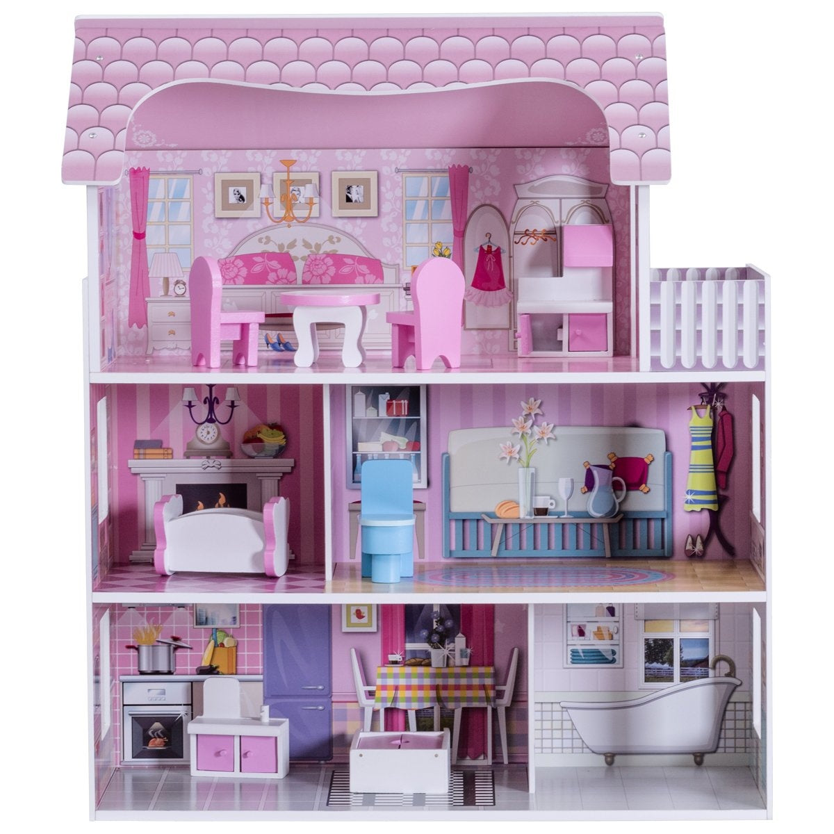 Una casa de muñecas rosa con varias habitaciones. Tiene muebles en cada habitación, incluyendo cocina, salón y dormitorio.