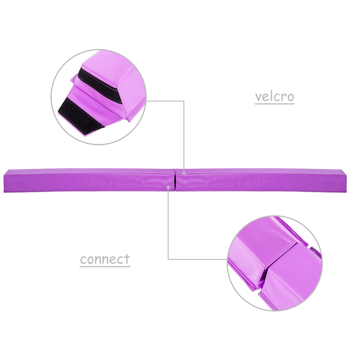 Una barra de equilibrio morada con conexiones de velcro, con vistas de cerca de los bordes. Etiquetado 'conectar' y 'velcro'.