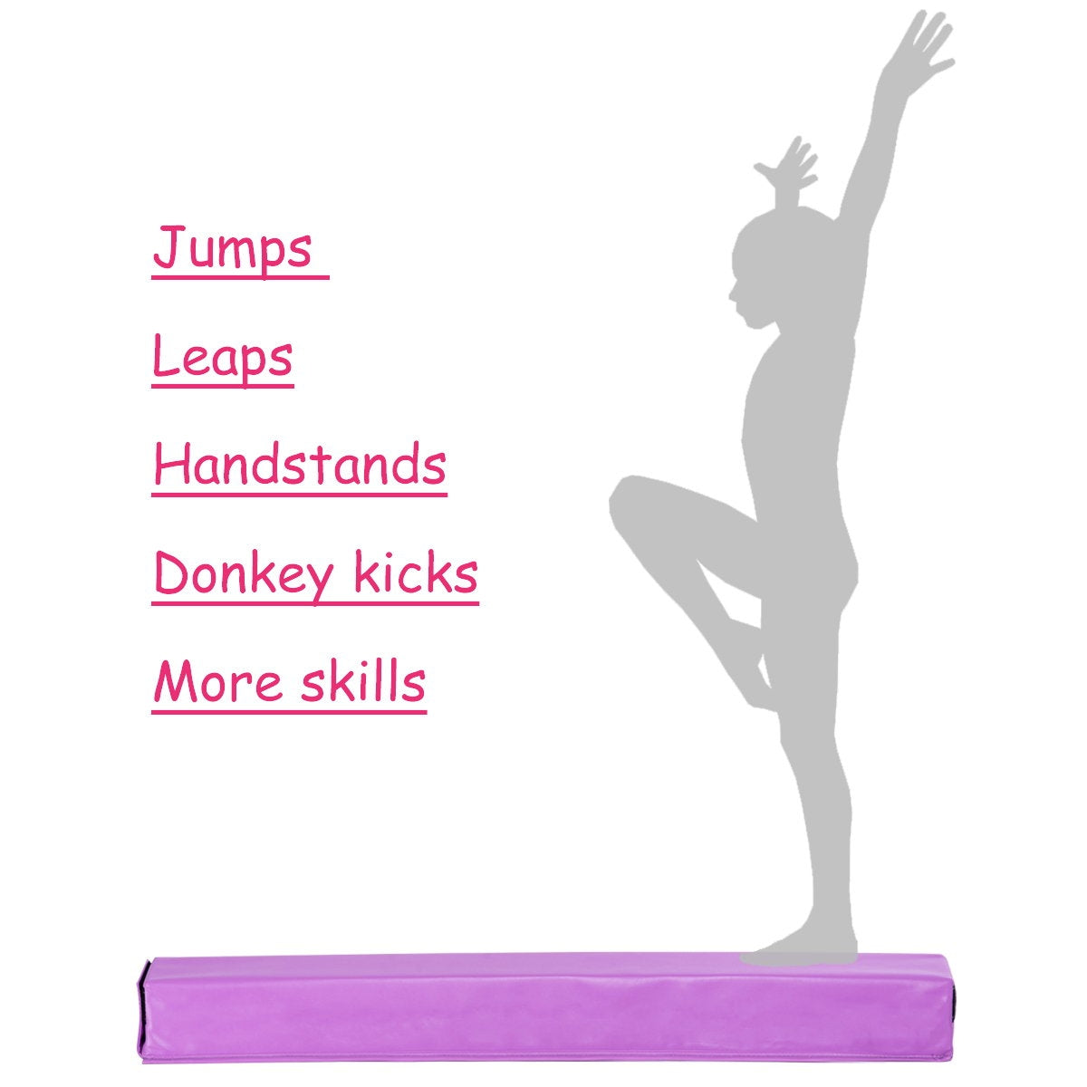 Una silueta gris de una gimnasta se equilibra en una viga morada, con una pierna levantada. Texto a la izquierda enumera habilidades de gimnasia.