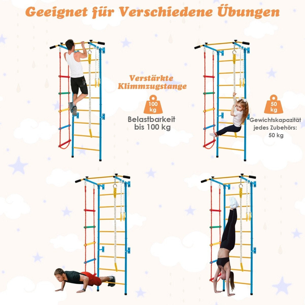 La imagen muestra a niños y adultos usando un marco de escalada para diferentes ejercicios. El texto indica un peso máximo de 100 kg.
