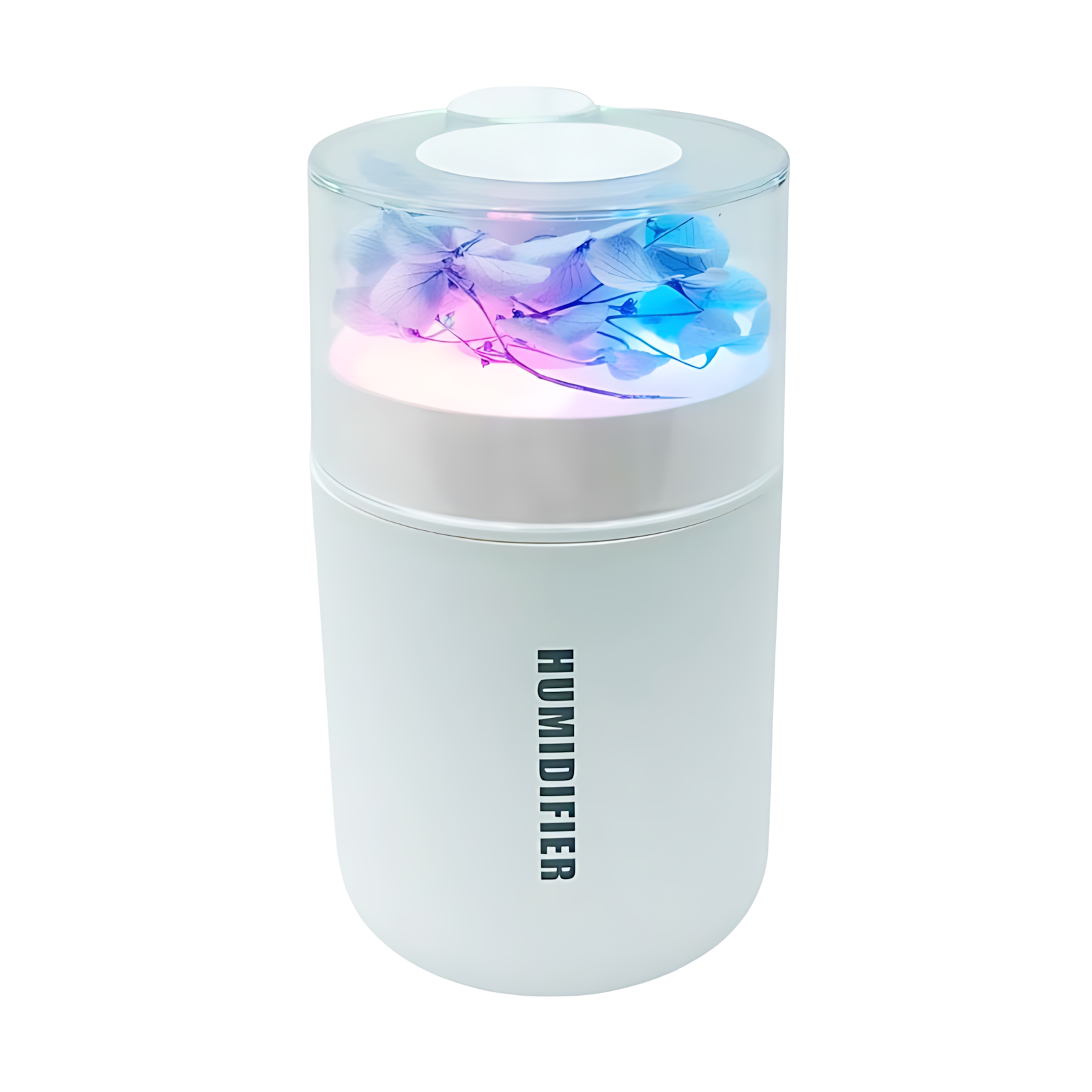 Weißer Luftbefeuchter mit Blumen in einem transparenten Deckel. Auf der Vorderseite steht das Wort HUMIDIFIER. Die Blumen sind blau und lila.