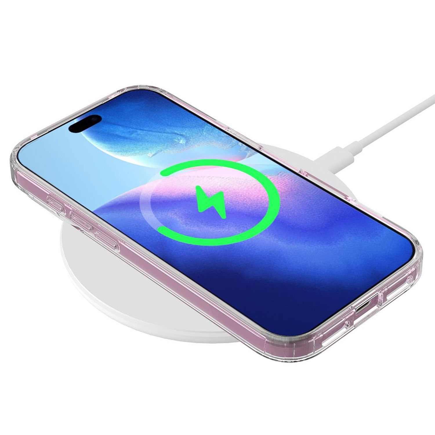 Ein Telefon mit rosa Hülle wird kabellos geladen. Der Bildschirm zeigt ein Ladesymbol. Ein weißes Ladegerät ist angeschlossen.
