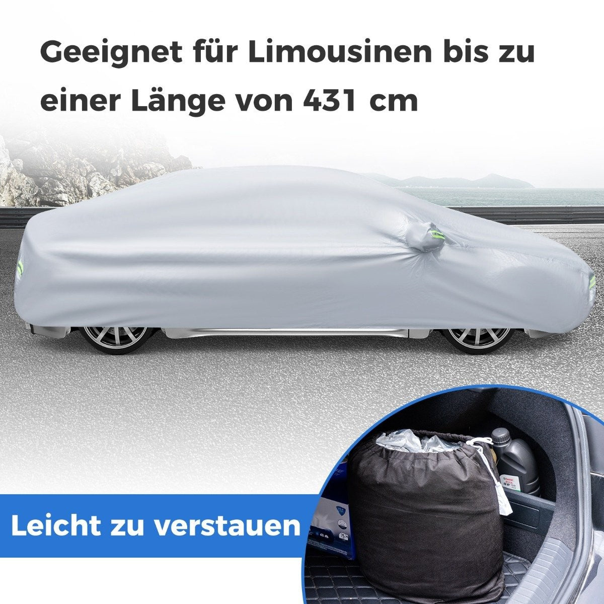 Un coche cubierto con una funda plateada. Una bolsa negra está en el maletero. El texto dice: 'Adecuado para limusinas de hasta 431 cm de longitud'.