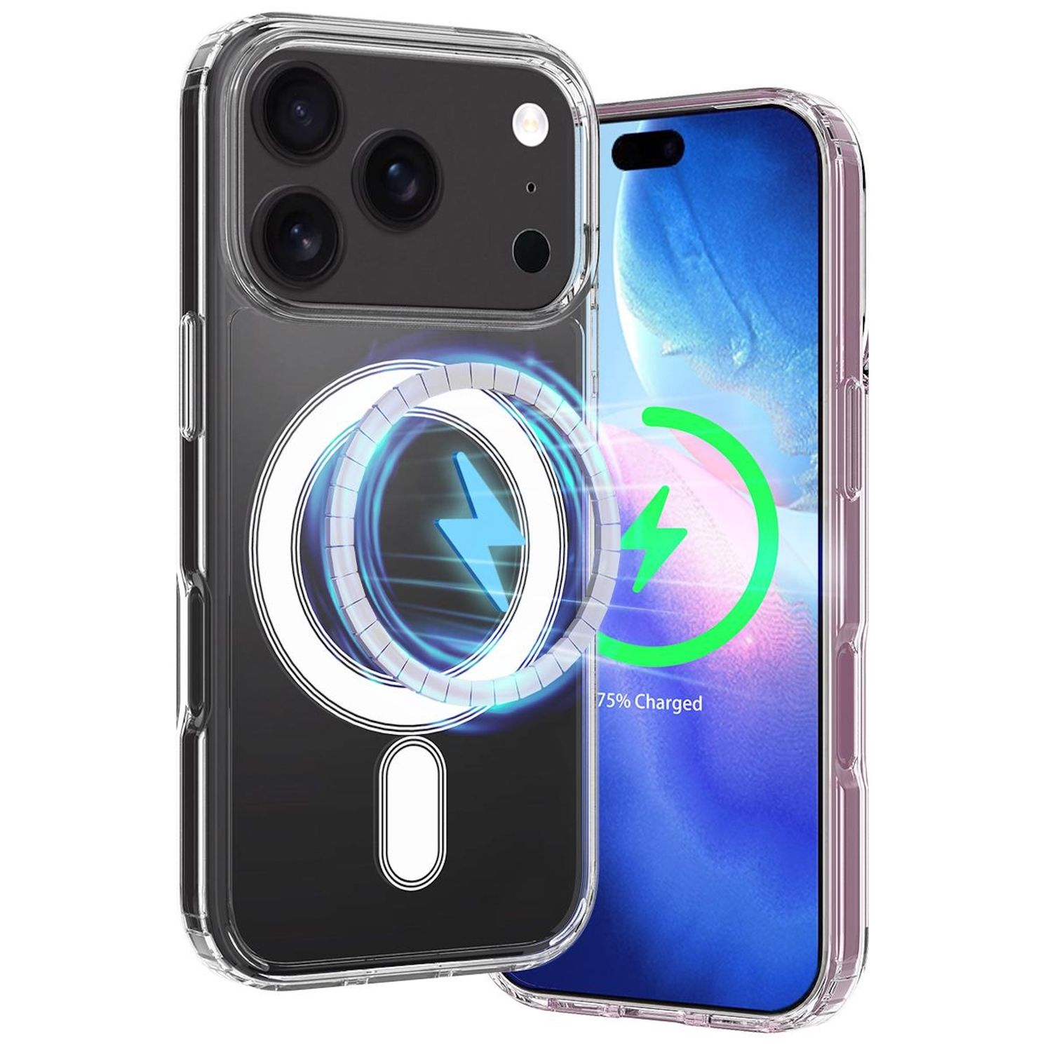 Ein Telefon in einer durchsichtigen Hülle, das einen Ladebildschirm zeigt. Die Hülle hat ein Ladesymbol. Das Telefon zeigt 75 % geladen an.