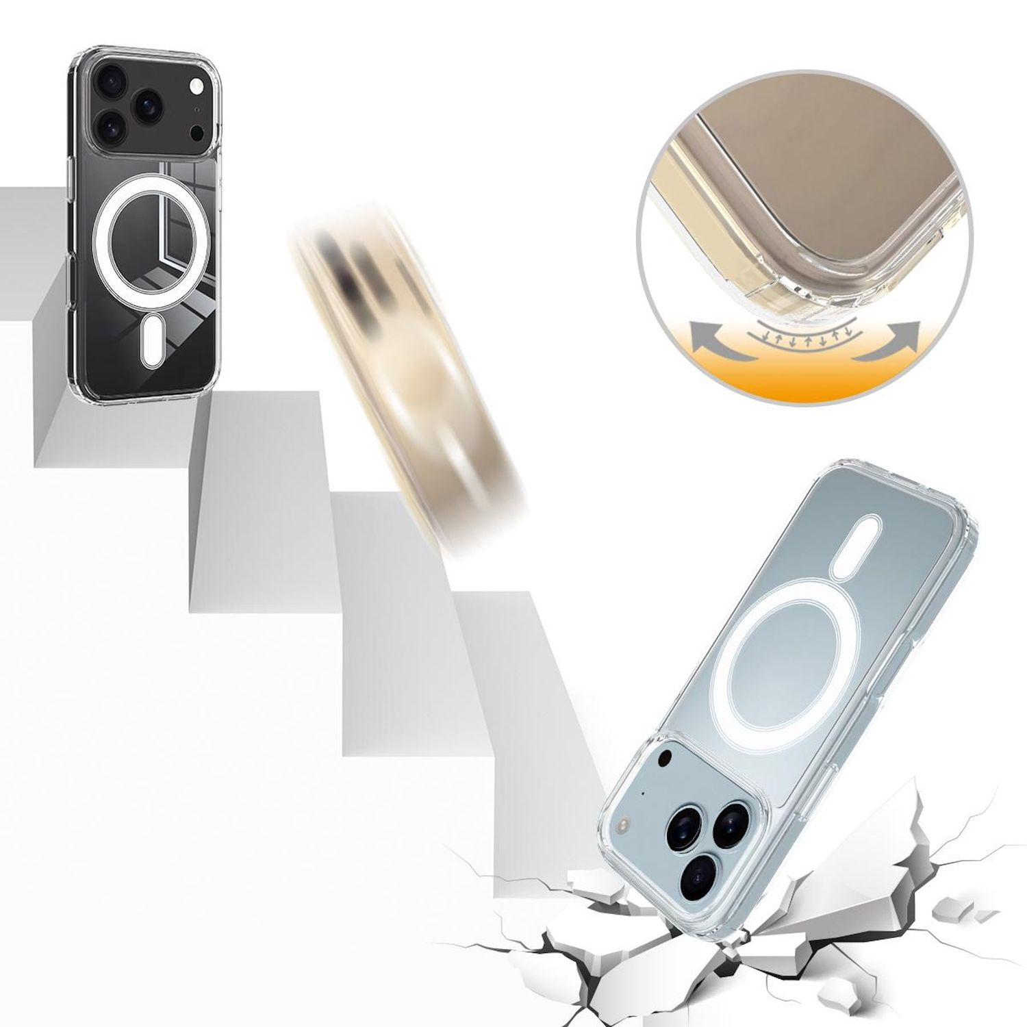 Transparente Handyhüllen mit MagSafe-Funktion werden gezeigt. Eine fällt, eine andere liegt auf Treppen und eine bricht eine Oberfläche.