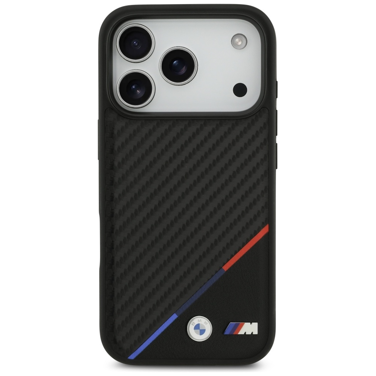 Schwarze Handyhülle mit Karbonfasertextur und BMW-Logo. Rote und blaue Streifen sind in der unteren rechten Ecke sichtbar.