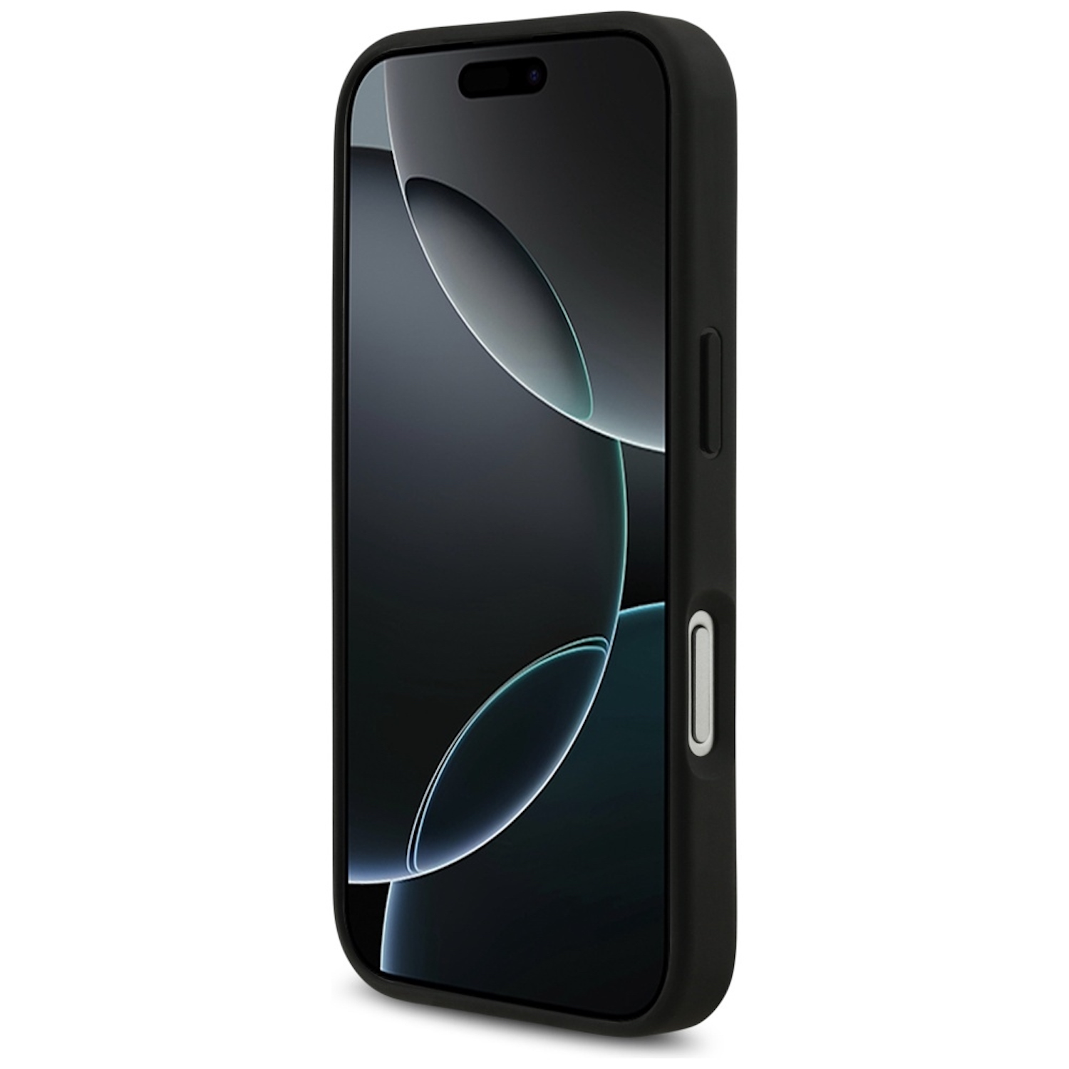 Ein schwarzes Smartphone in einer Schutzhülle wird gezeigt. Der Bildschirm zeigt ein dunkles, abstraktes Design. Das Telefon ist auf weißem Hintergrund.