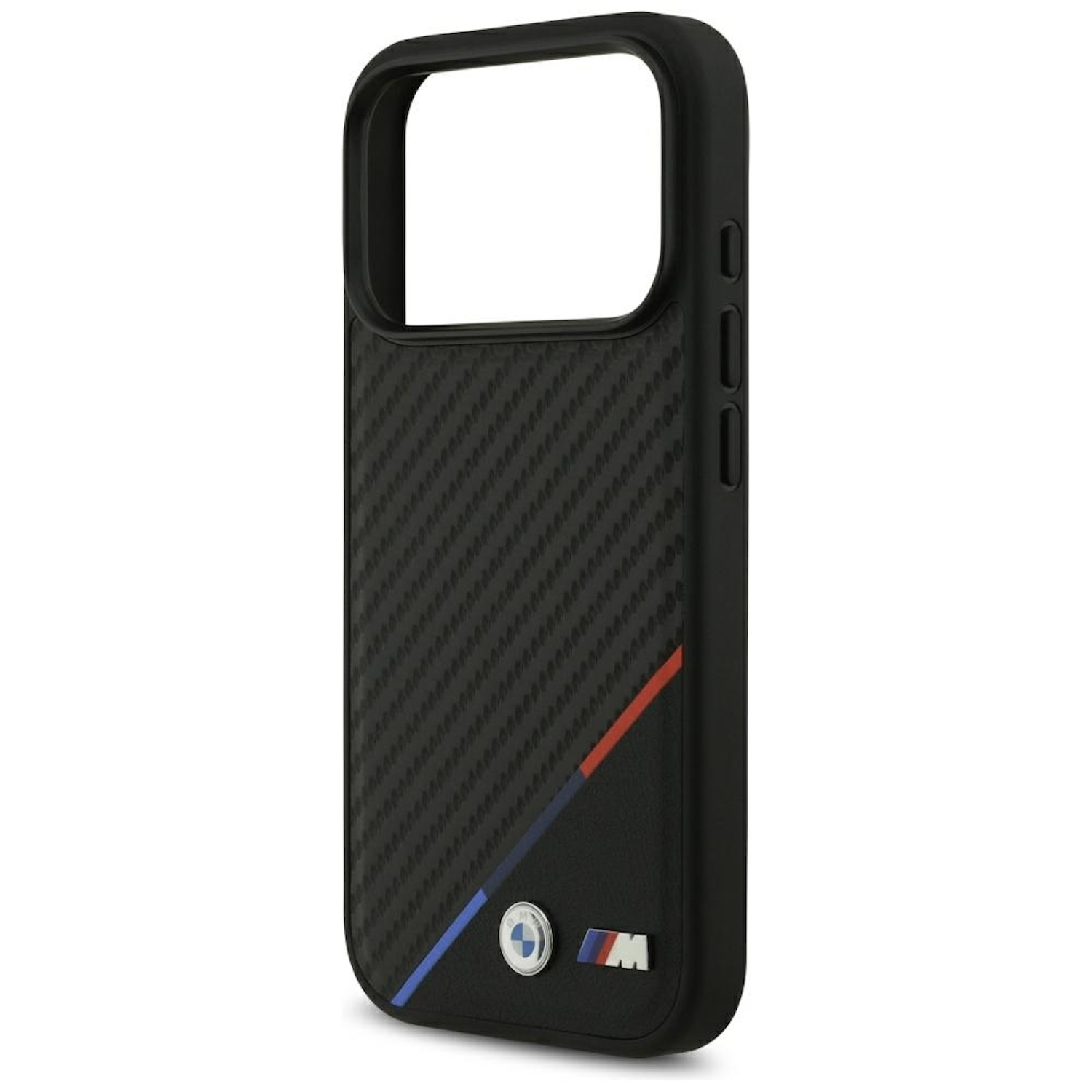 Schwarze Handyhülle mit Karbonfasermuster und BMW-Logo. Mit roten, blauen Streifen und M-Logo.