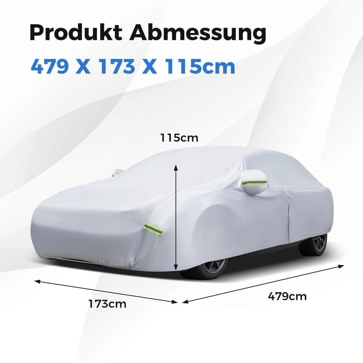Un coche cubierto con una funda protectora blanca. Dimensiones mostradas: 479x173x115cm. Texto en la parte superior: Produkt Abmessung.