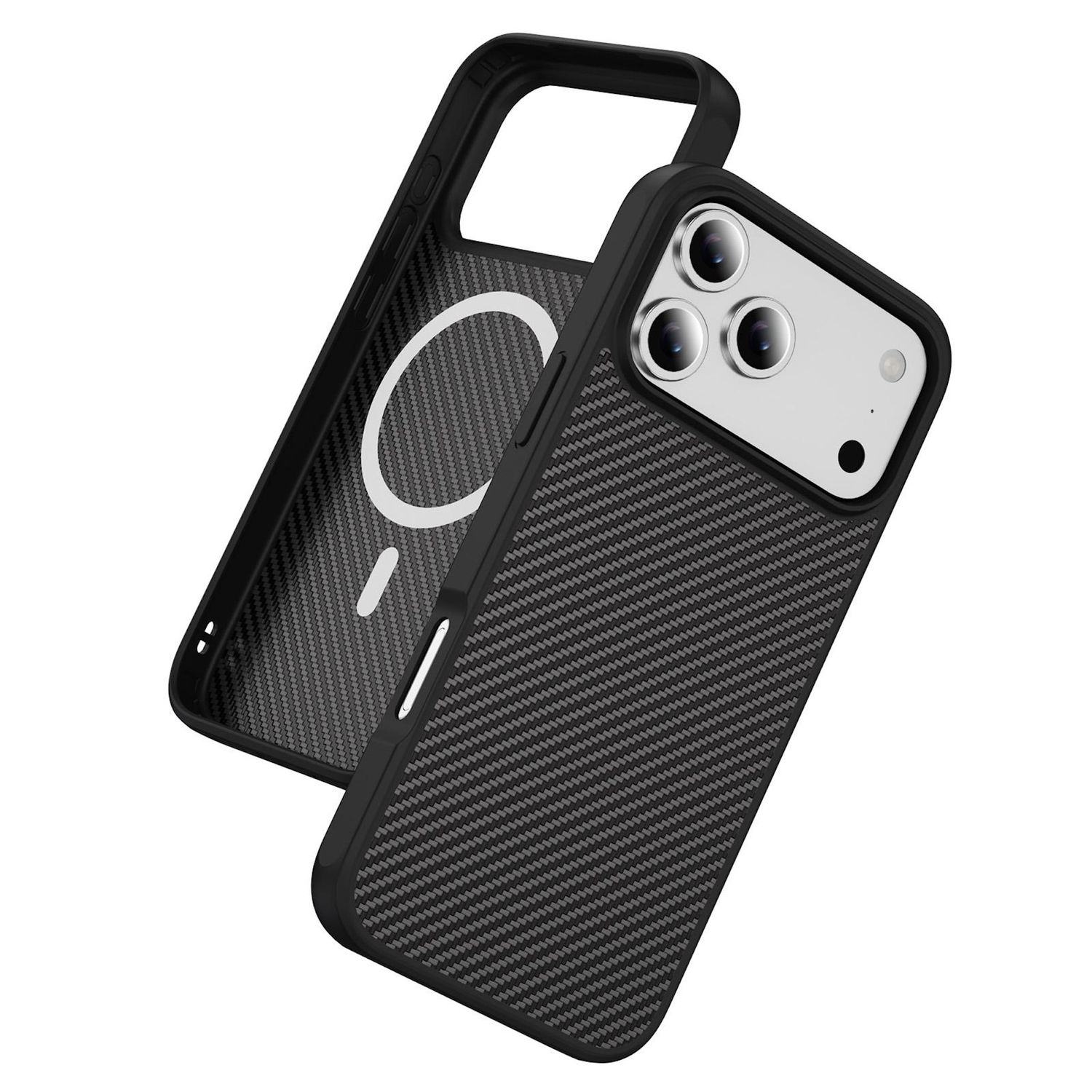 Una funda negra para teléfono con patrón de fibra de carbono. Una parte está abierta, revelando un círculo blanco y un punto. La otra sostiene la cámara.