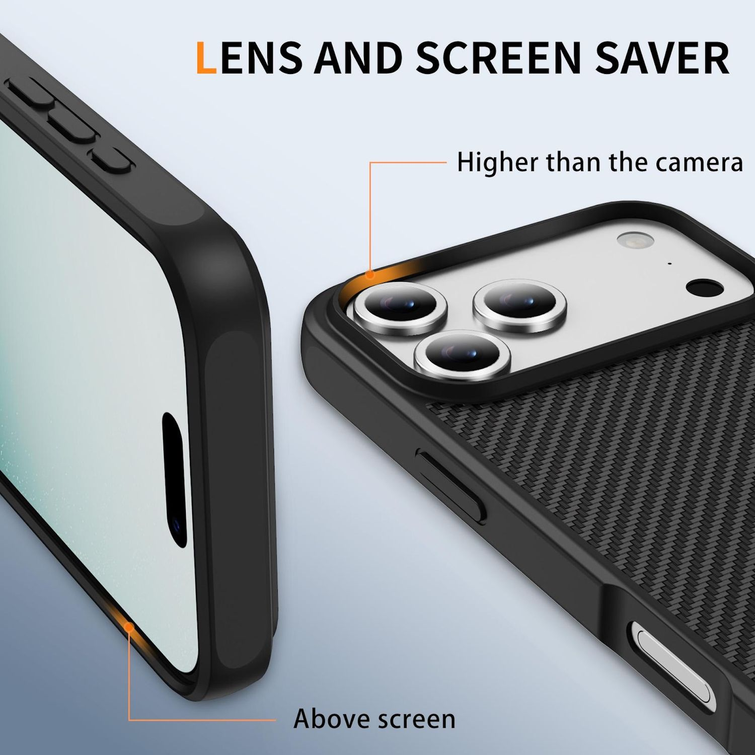 Primer plano de un teléfono. Funda negra. Texto: Protector de lente y pantalla. Más alto que la cámara. Sobre la pantalla.