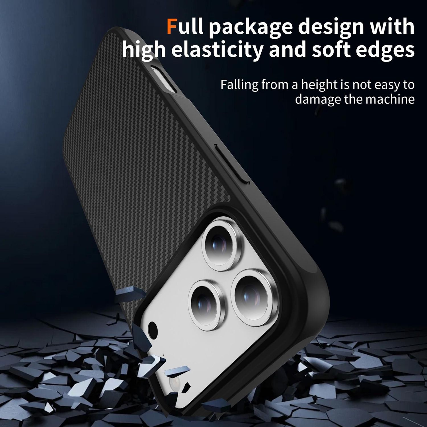Se muestra una funda de teléfono, en ángulo, con parte trasera texturizada y bordes suaves. La funda parece proteger un teléfono sobre una superficie fracturada.