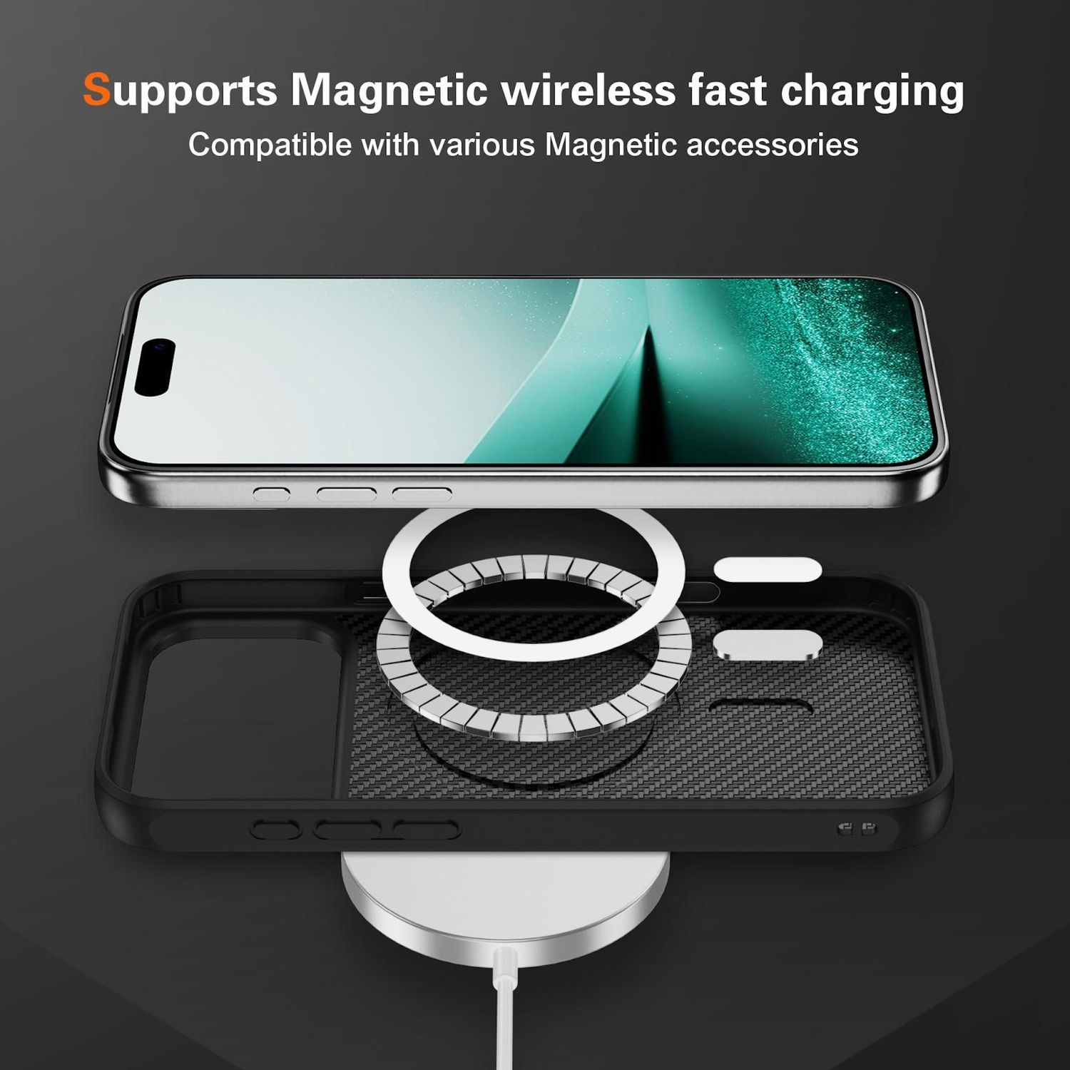 Un teléfono con funda está encima de una plataforma de carga. El teléfono es plateado. La funda es negra. El texto dice: 'Admite carga inalámbrica magnética rápida'.