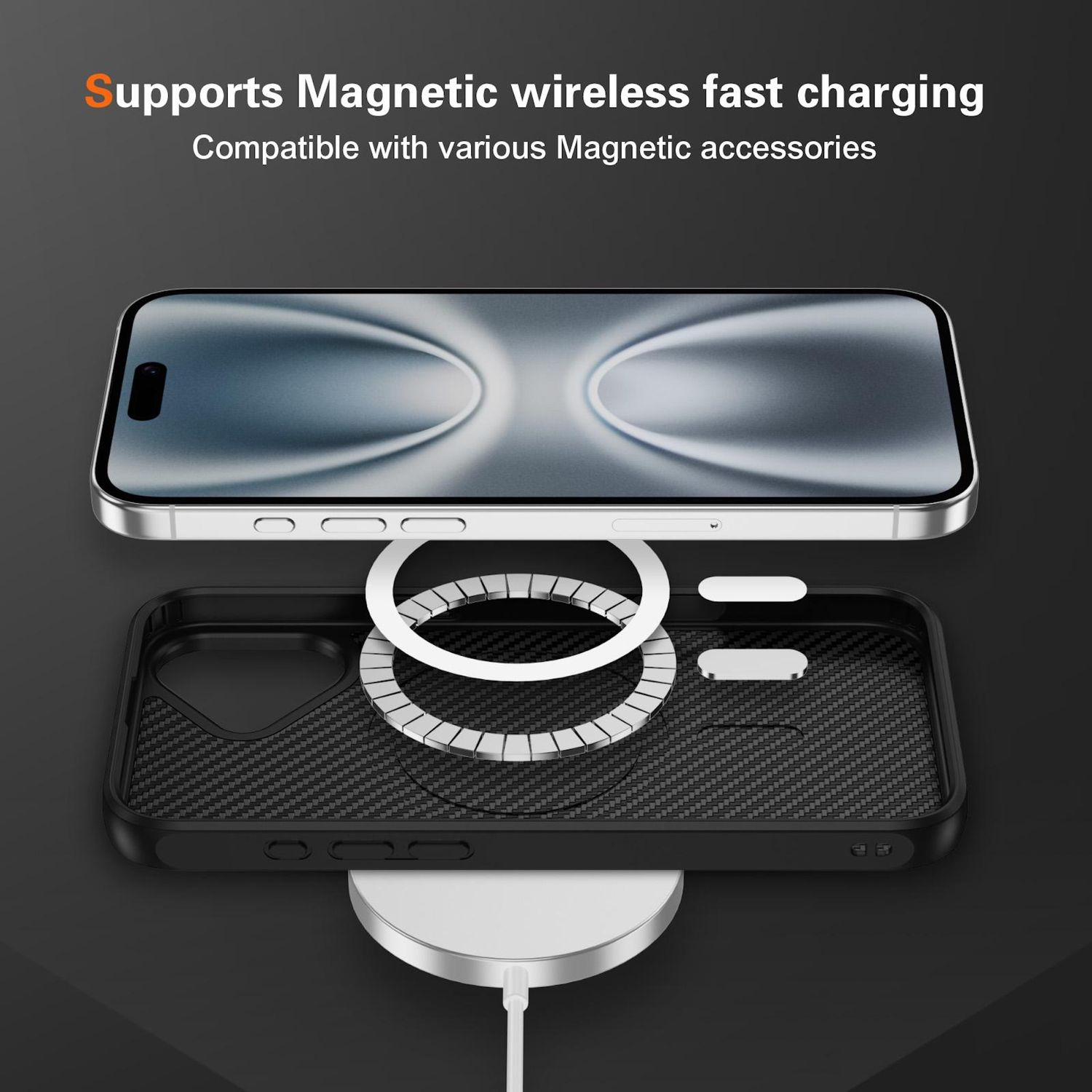 Telefon mit Hülle, kabelloses Ladegerät. Die Hülle enthält einen Magnetring. Text: Unterstützt magnetisches, kabelloses Schnellladen.