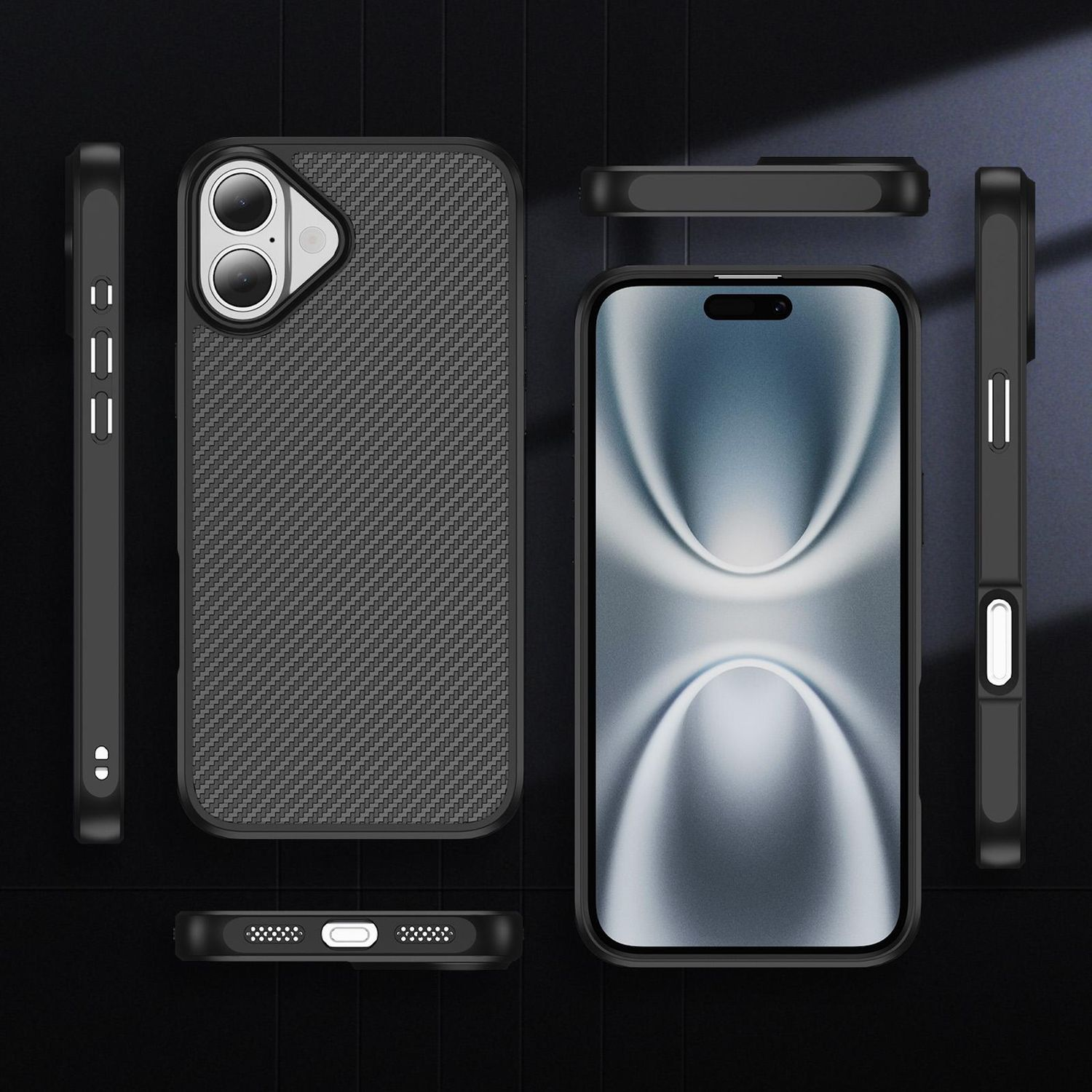 Schwarze Handyhülle mit Karbonfasermuster. Telefon mit Bildschirm und Kameramodul und Gehäuseteile auf dunkler Oberfläche angeordnet.