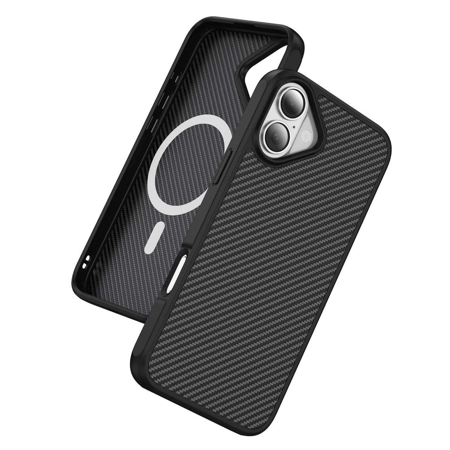 Zwei schwarze Handyhüllen, eine offen. Die Hüllen haben eine Kohlefaserkonsistenz. Eine Hülle zeigt ein weißes kreisförmiges Design.