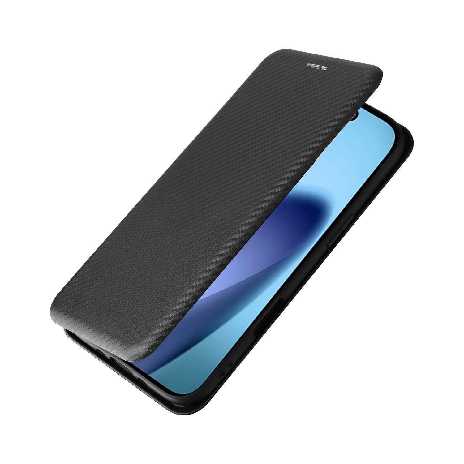 Una funda negra de teléfono está abierta, revelando la pantalla del teléfono. La funda tiene una superficie texturizada.