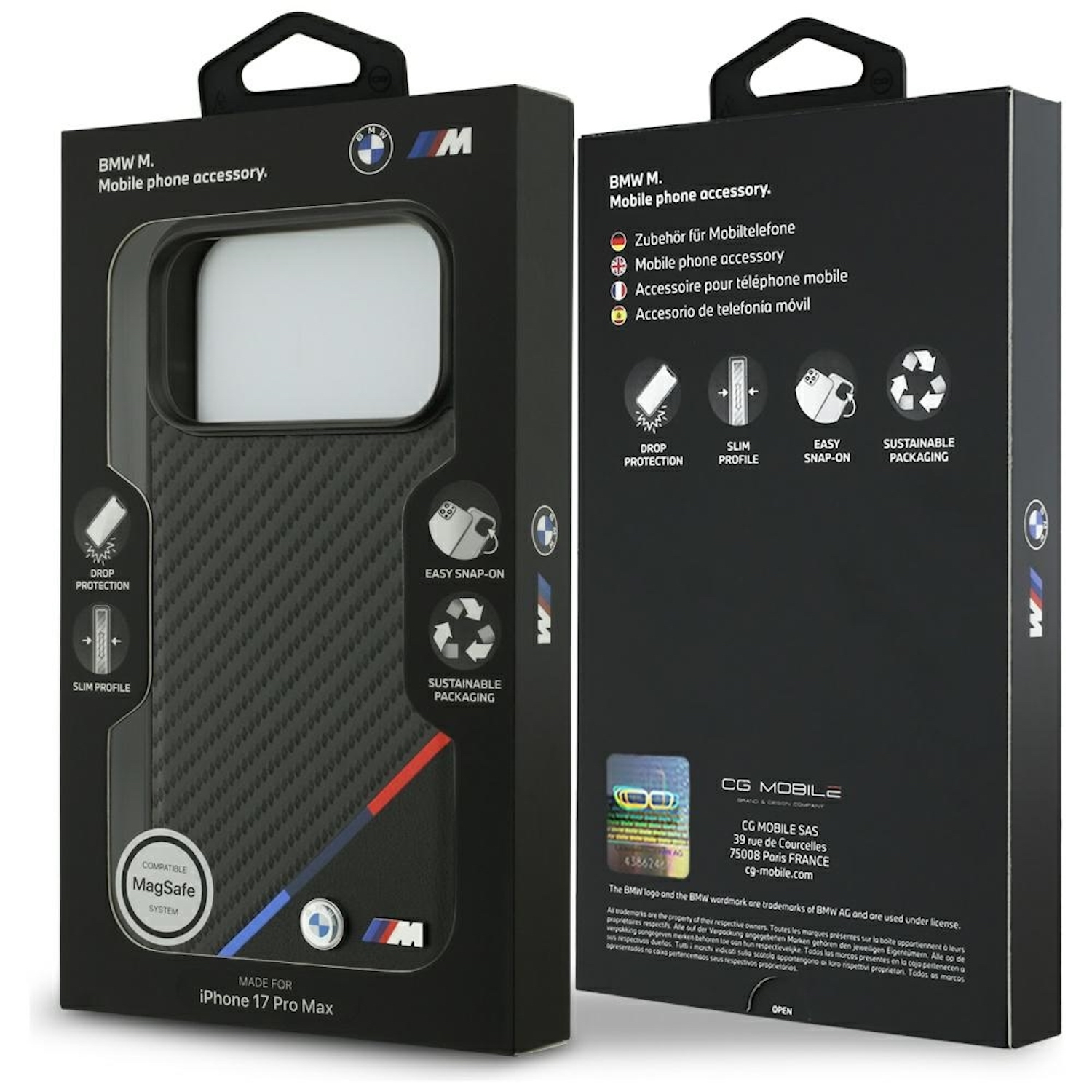 Eine schwarze Telefonhüllenbox mit BMW-Logo und Text. Sie bewirbt Funktionen wie Fallschutz und schlankes Profil.