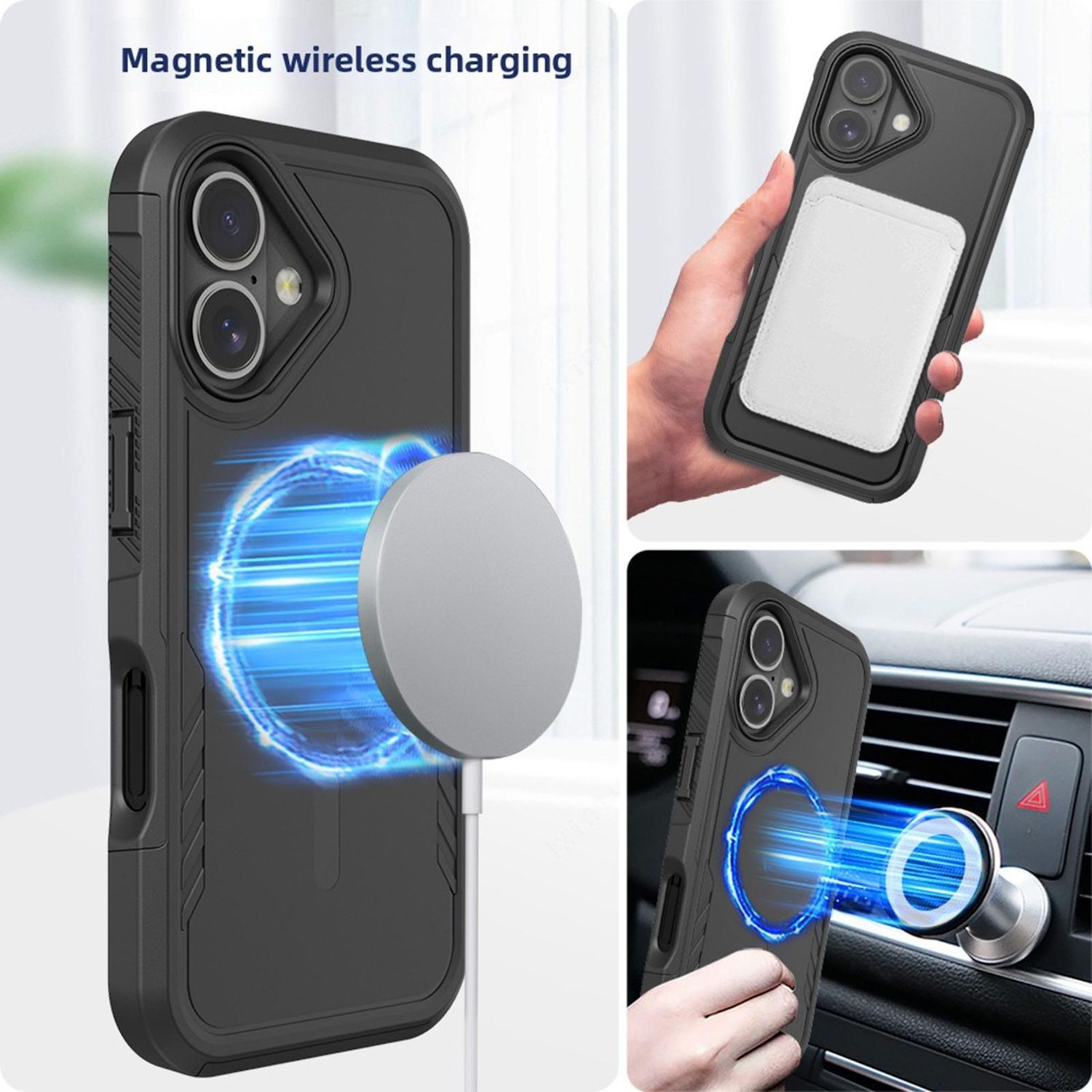 Eine Telefonhülle mit Ladegerät und zwei kleinere Bilder mit Details. Die Handyhülle ist schwarz und hat ein magnetisches kabelloses Aufladen.
