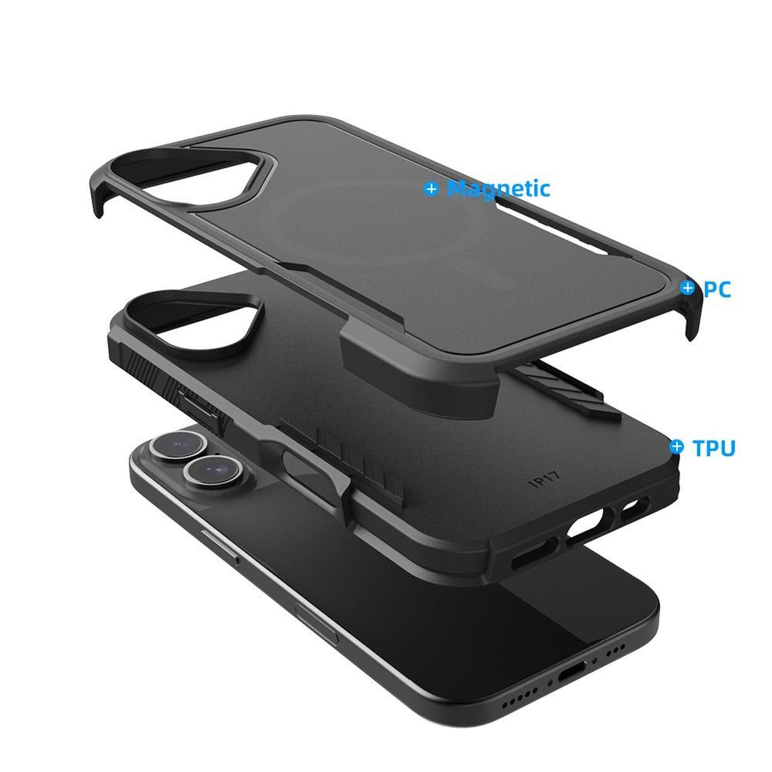 Schwarze Handyhüllenkomponenten. Magnetische Oberseite, PC-Rahmen und TPU-Basis. Telefon mit sichtbarer Kamera.