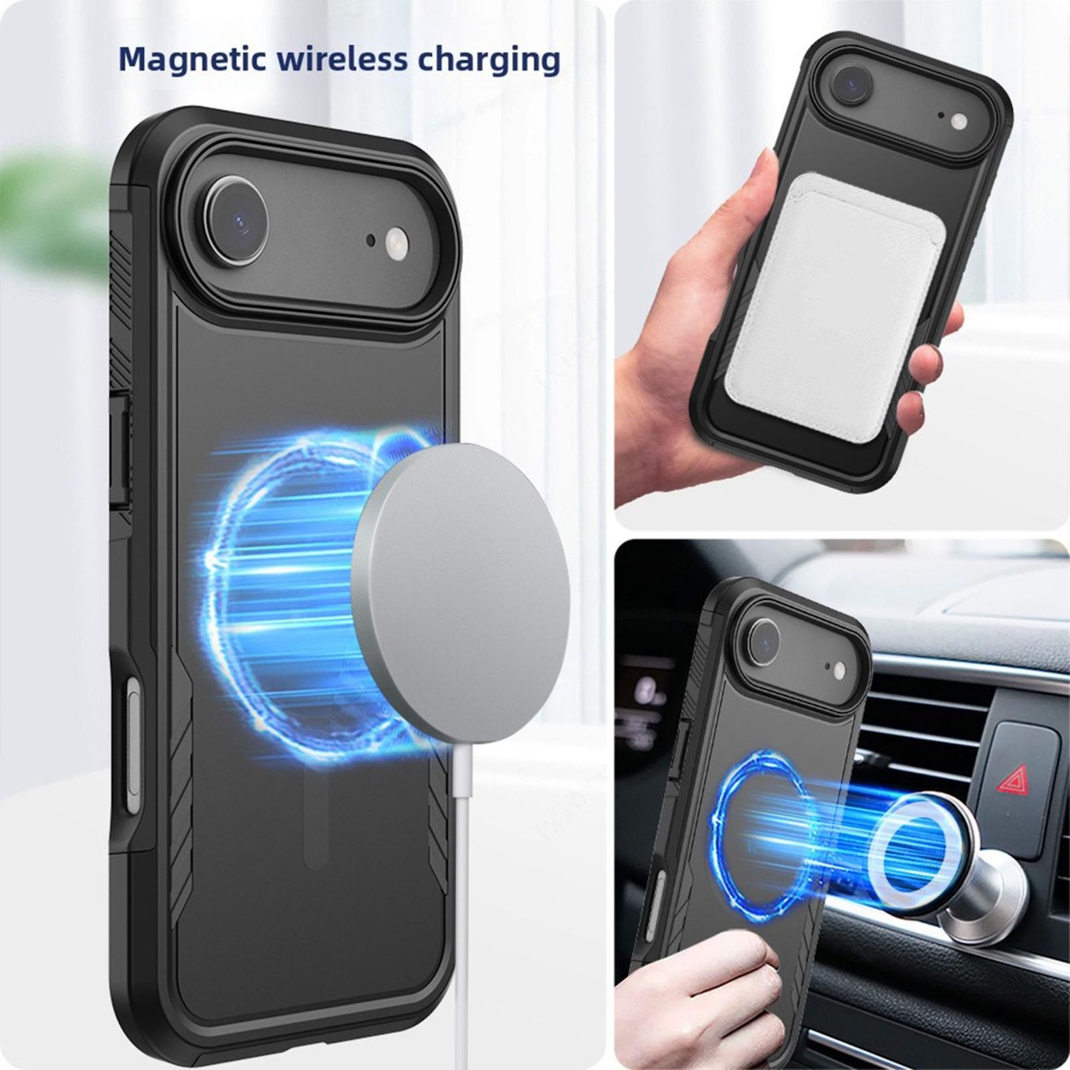 Funda negra para teléfono con carga inalámbrica. Imágenes muestran la funda en el teléfono, en la mano y montada en un coche.