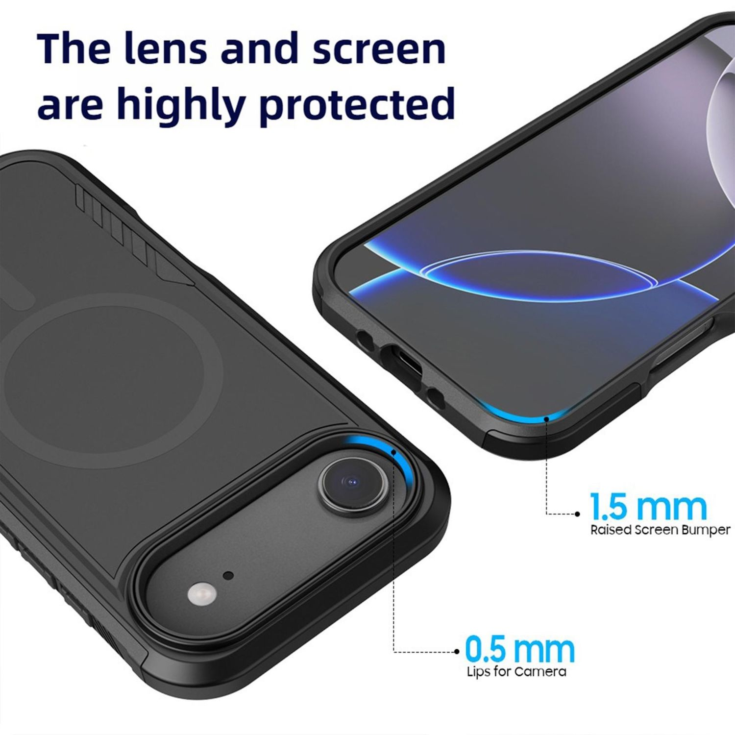 Dos fundas negras para teléfonos que muestran la protección de la lente y la pantalla. Incluye parachoques de pantalla elevado, labios de cámara y etiquetas de texto.