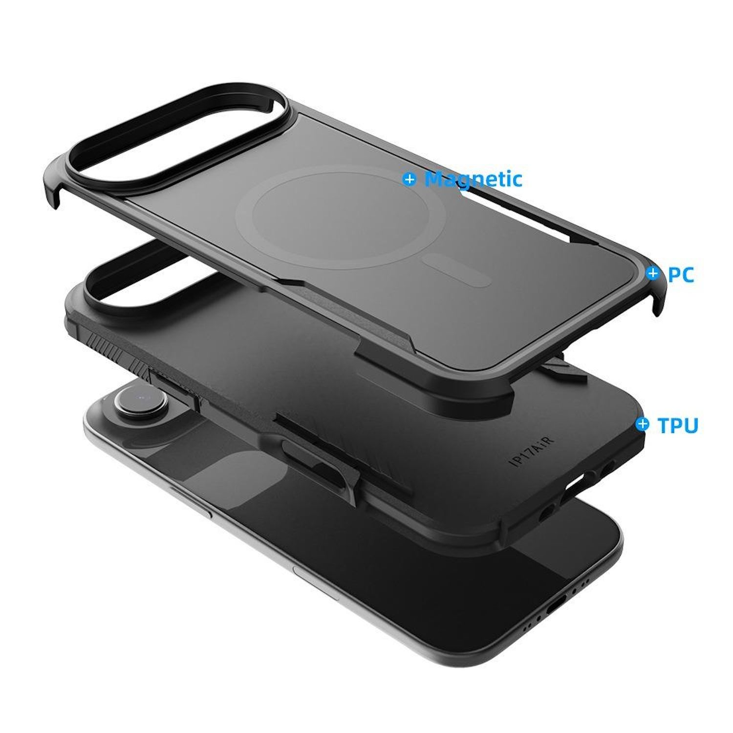 Vista explosionada de una funda negra para teléfono con componentes magnéticos y PC. El modelo de teléfono es IP17AIR. La funda está en capas.
