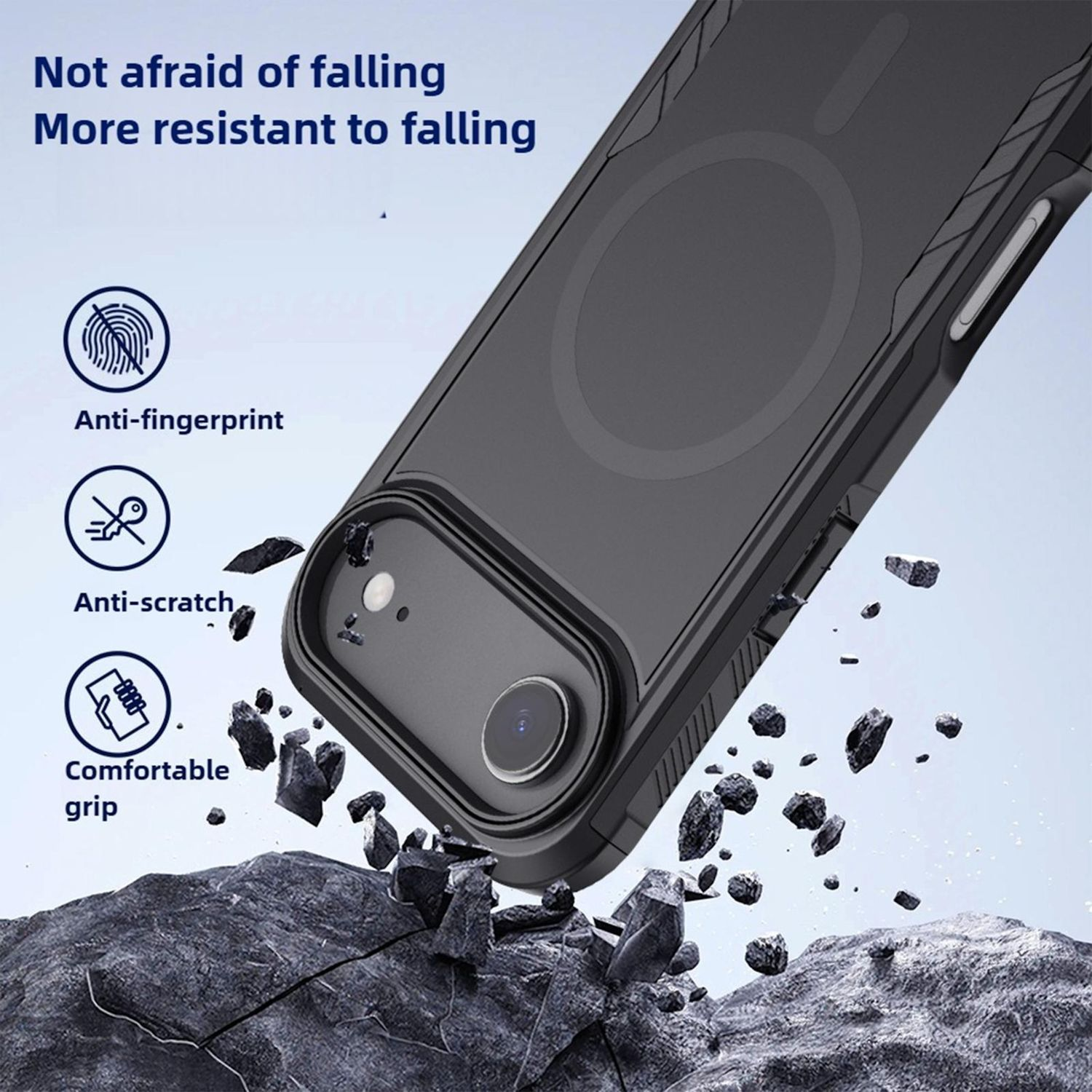 Una funda de teléfono cayendo sobre rocas. Texto: No teme caerse, anti-huellas, anti-arañazos, agarre cómodo.