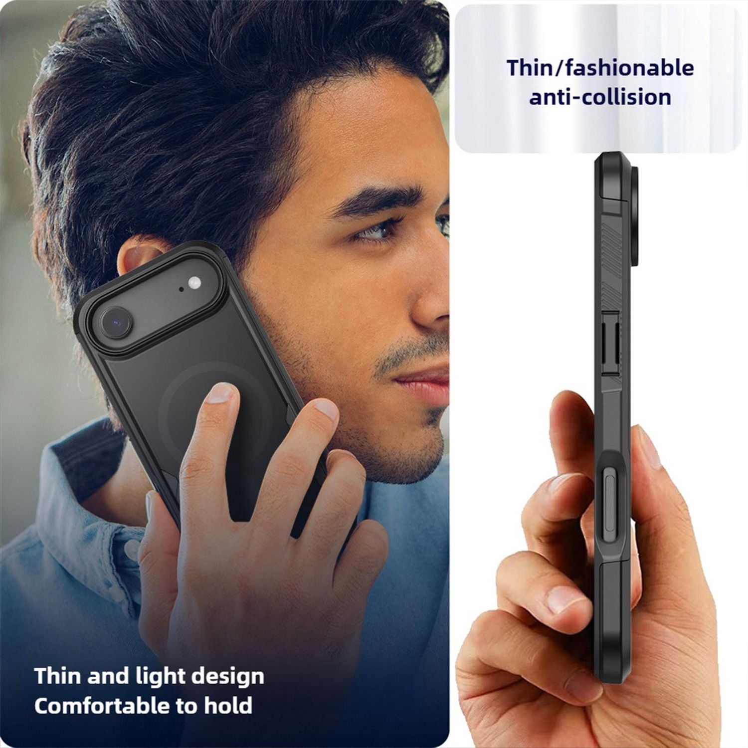 Un hombre sosteniendo un teléfono negro. La funda del teléfono es visible. El texto menciona 'delgado y ligero' y 'anticolisión'.