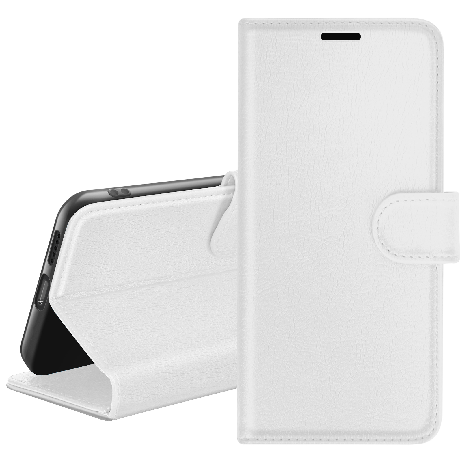 Un étui de téléphone en cuir blanc est ouvert. Un téléphone noir est à l'intérieur. L'étui a une fermeture magnétique.