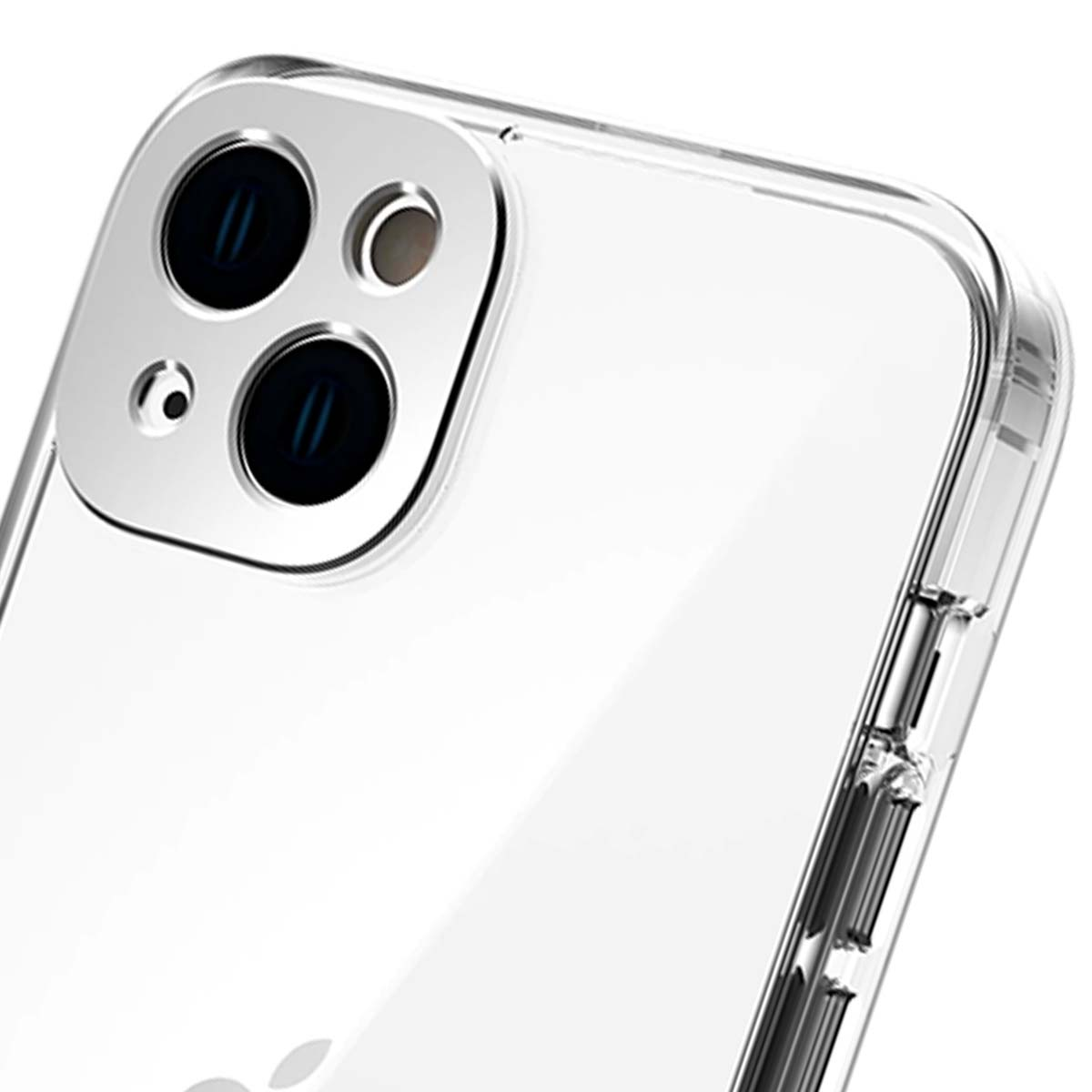 Custodia trasparente per telefono con fotocamera visibile. La custodia è trasparente. La fotocamera ha tre lenti.