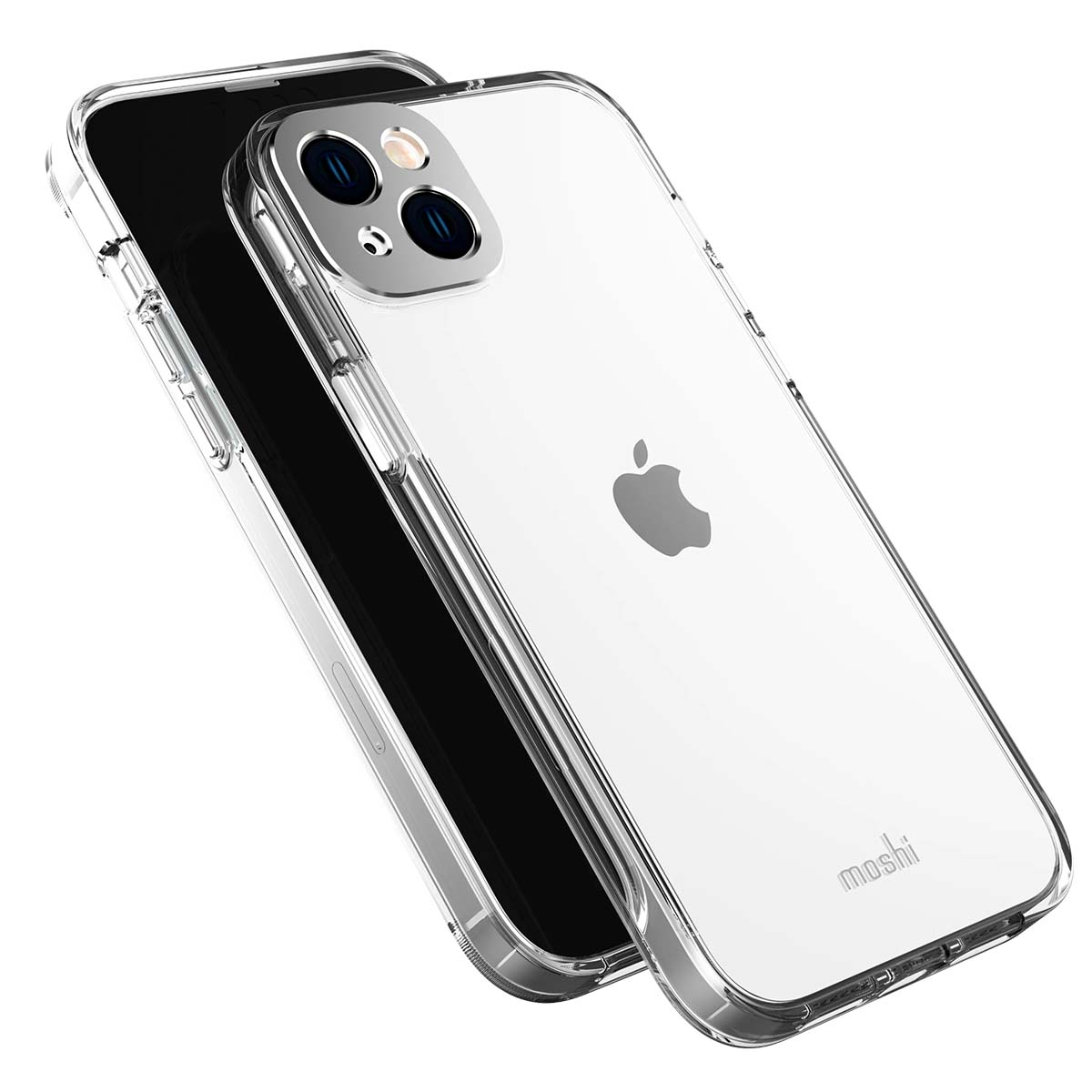 Custodie trasparenti per telefono su una superficie bianca. Una copre un telefono nero. Il logo Apple è visibile. Il marchio Moshi è mostrato.