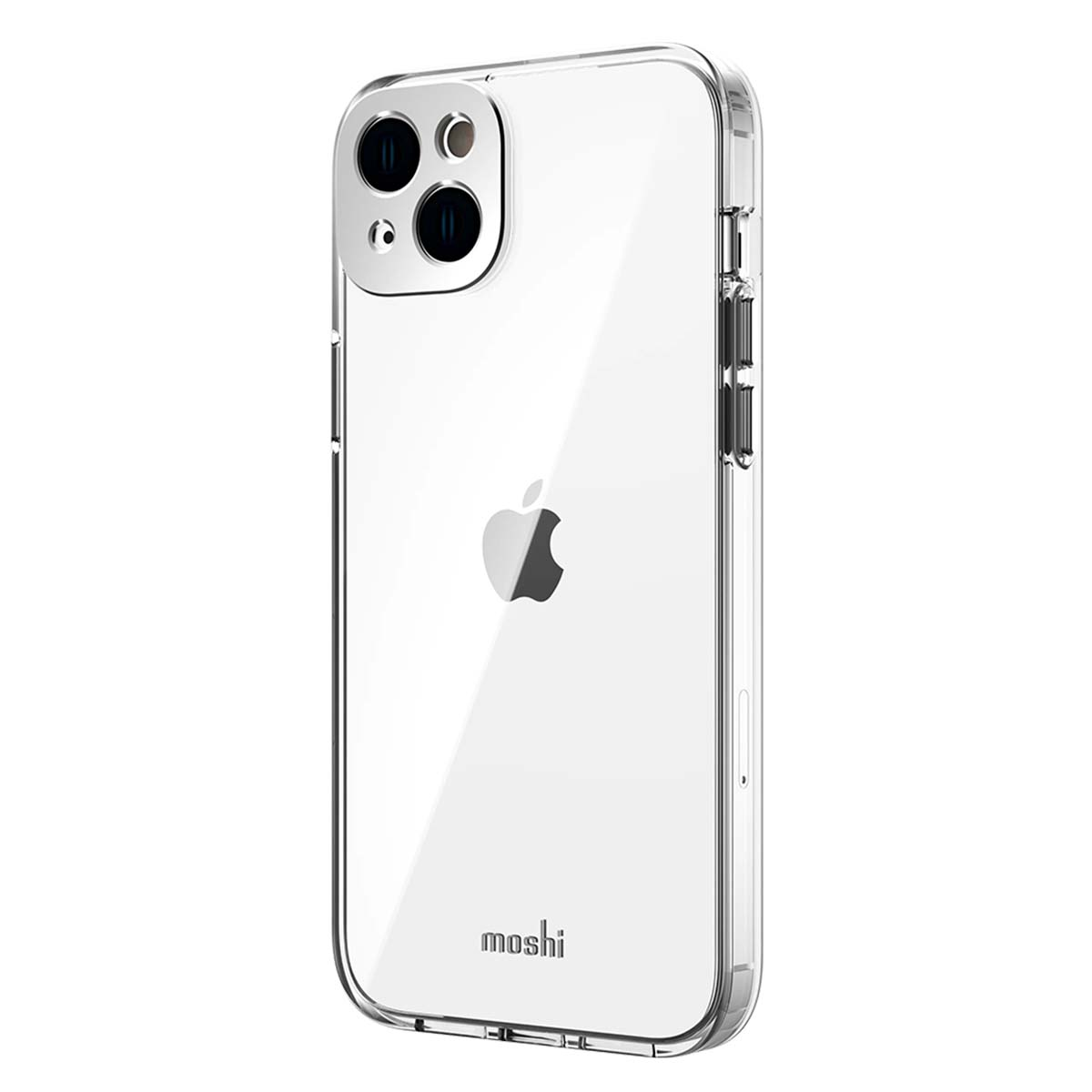 Custodia trasparente per telefono su una superficie bianca. Mostra il logo Apple, il marchio Moshi e tre obiettivi della fotocamera. La custodia è trasparente.