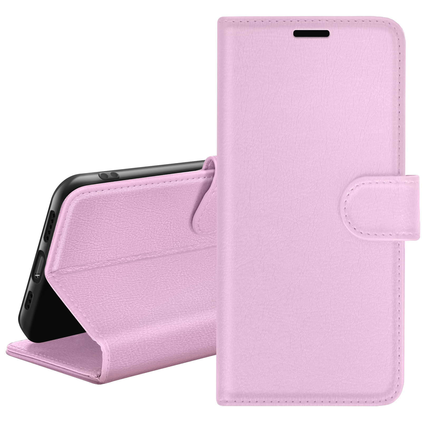 Un étui de téléphone rose est ouvert, révélant un téléphone noir. L'étui a une fermeture magnétique et une surface texturée.
