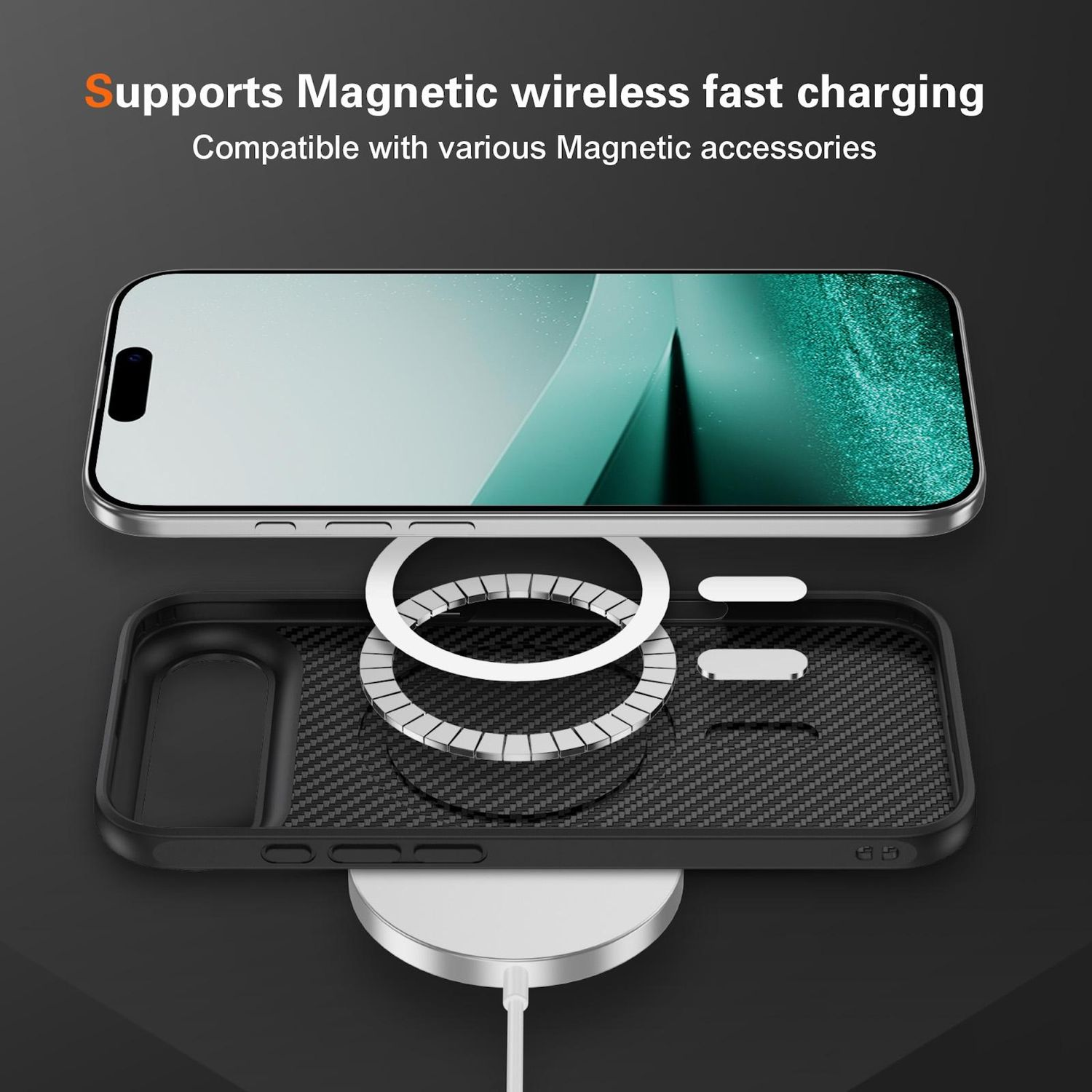 Telefon- und Gehäusekomponenten. Das Telefon befindet sich über einem Gehäuse, darunter ein kabelloses Ladegerät. Text: Magnetisches, schnelles kabelloses Laden.