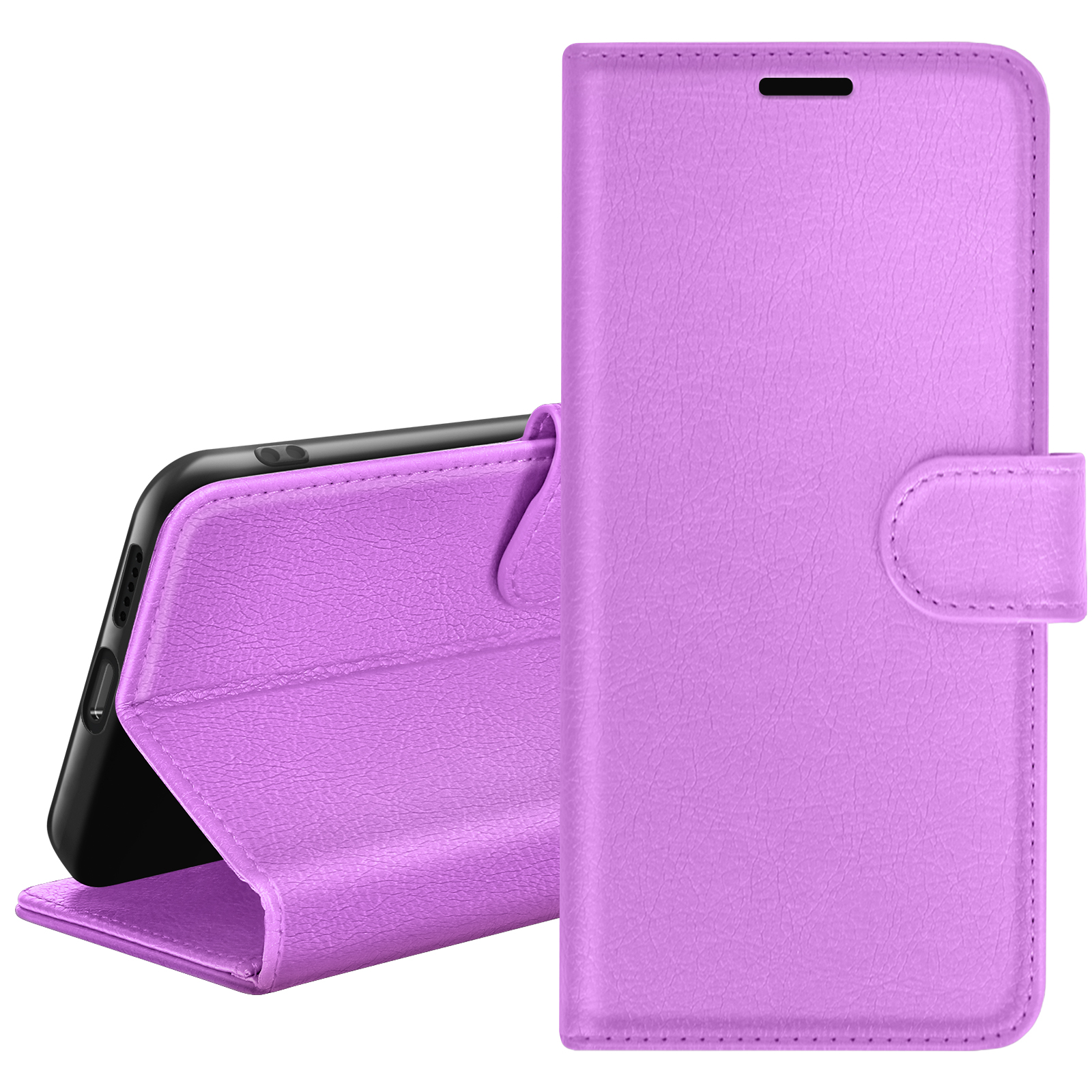 Een lila telefoonhoes, open om een zwarte telefoon te laten zien. De hoes heeft een leertextuur, met een magnetische sluiting.